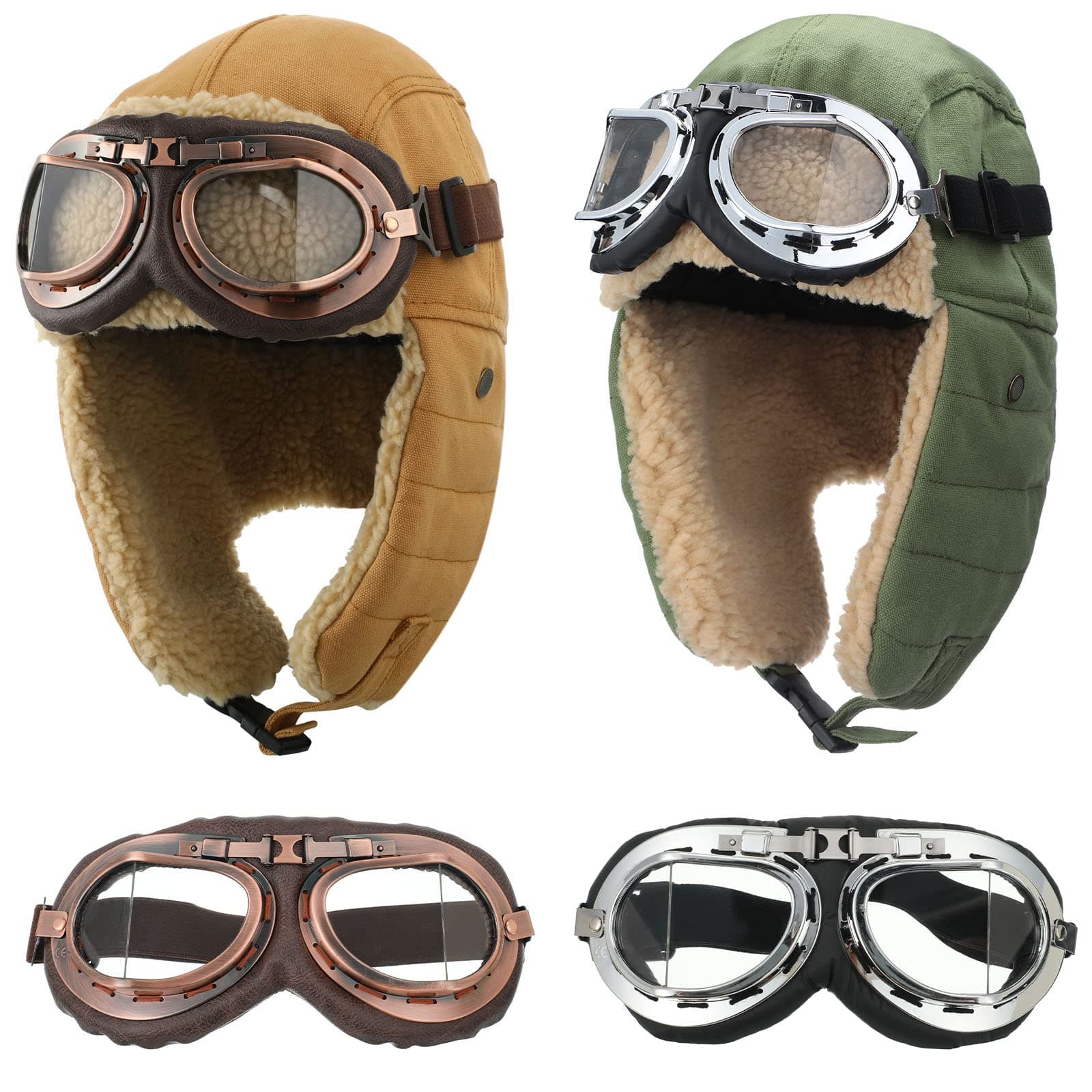 JaGely 4 Pcs Pilot Hat and Goggles Flight Costume Accessories Pilot Helmet Cap with Ear Flaps Hat Adults Winter(Green, Khaki)