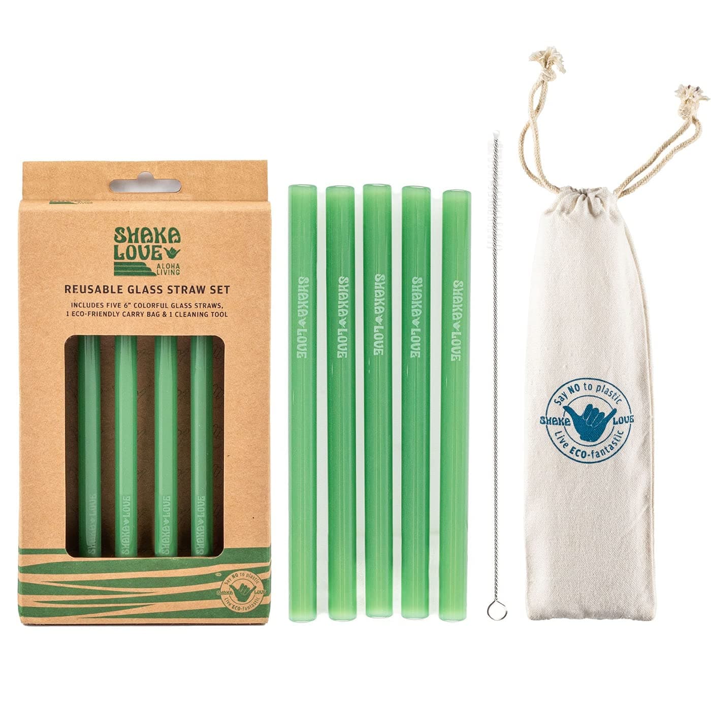 Reusable Glass Drinking Straw Set- Stylish, Durable, Shatter-Resistant - Set of 5 Colorful Green Glass Drinking Straws with Cleaning Tool & Travel Carry Bag (Seafoam Sea Glass Green, 9)