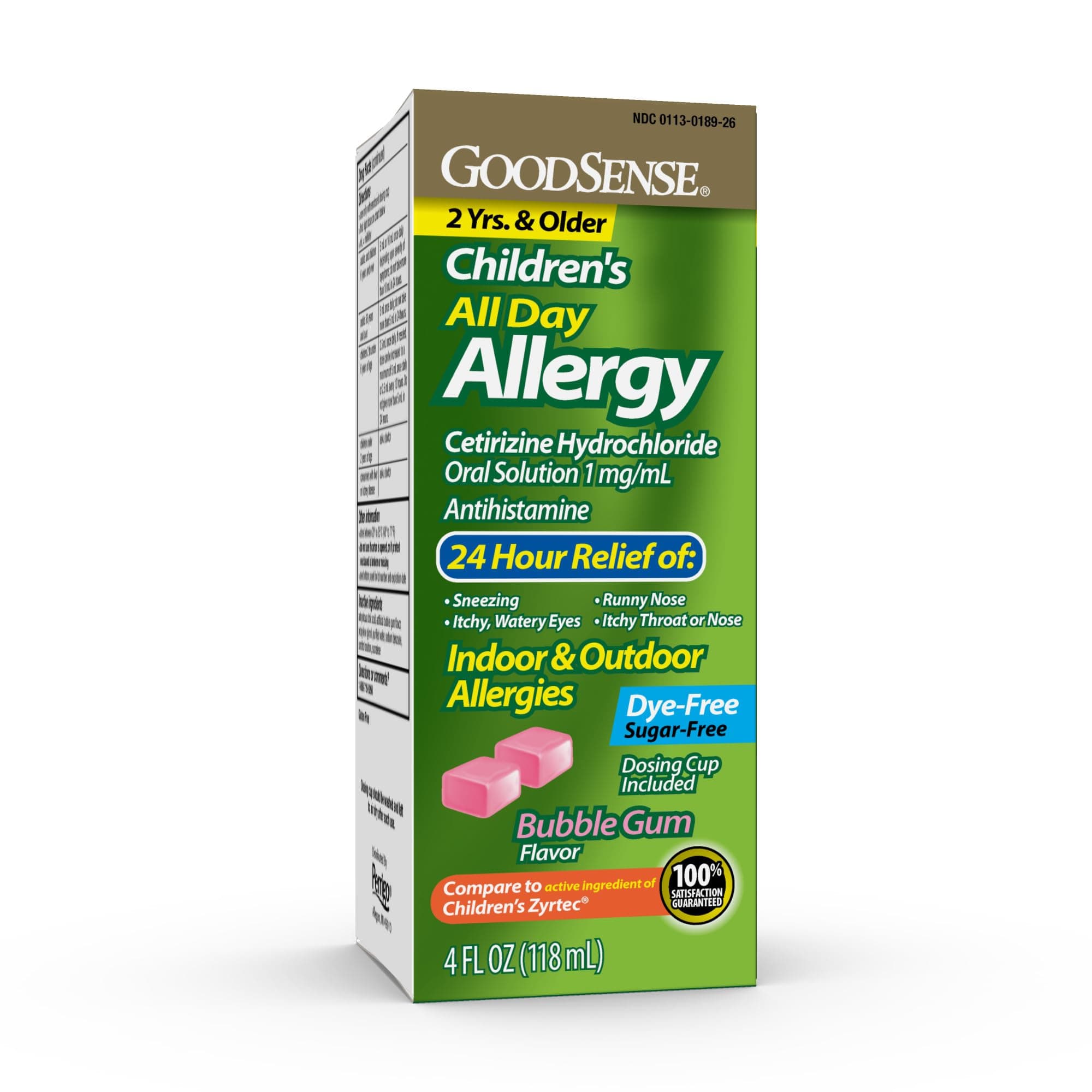 GoodSense Children's All Day Allergy Relief, Cetirizine Hydrochloride Oral Solution 1 mg/mL, Bubble Gum Flavor, Dye Free, Sugar Free, 4 Fluid Ounce