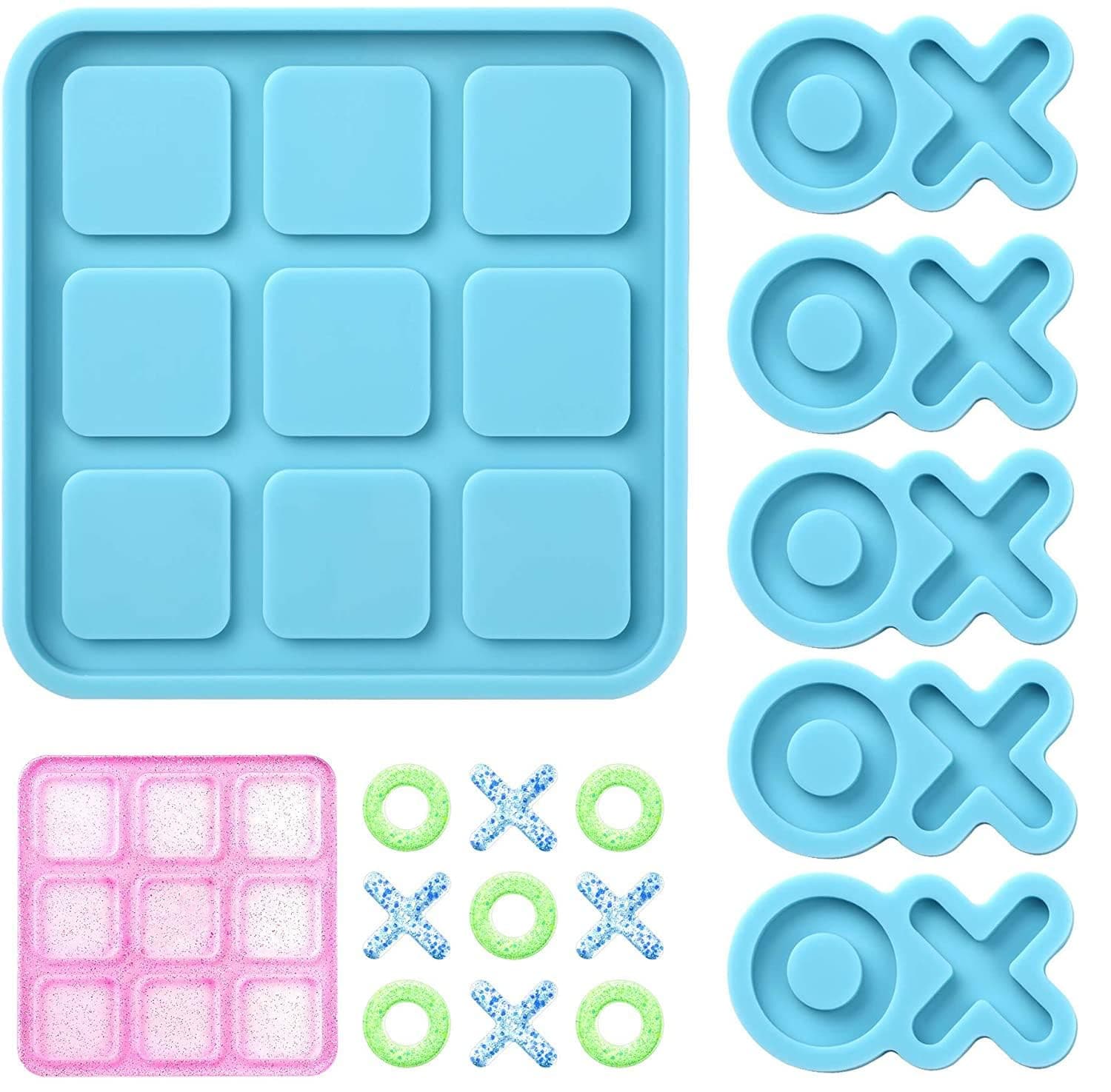 Tic Tac Toe Resin Mold with 5 Chess Pieces Molds,DECYOOL X O Board Game Silicone Molds for Resin Casting,DIY Tabletop Board Game