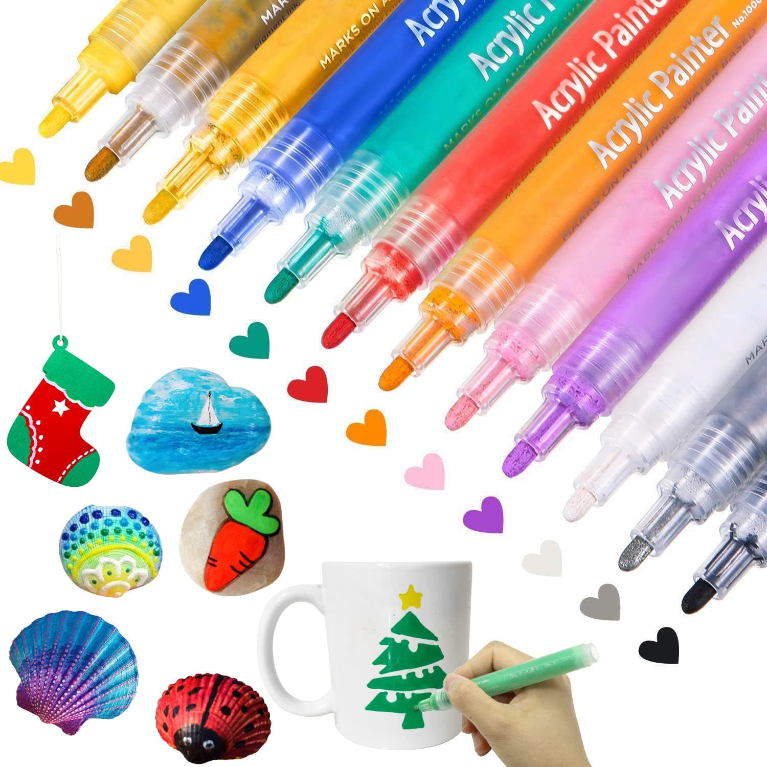 CH HAICHENG 12 Colors Acrylic Paint Pens for Rocks Painting, Wood, Metal, Glass, Plastic, Canvas, Ceramic, Seashell, Paint Markers for Plastic Surfaces