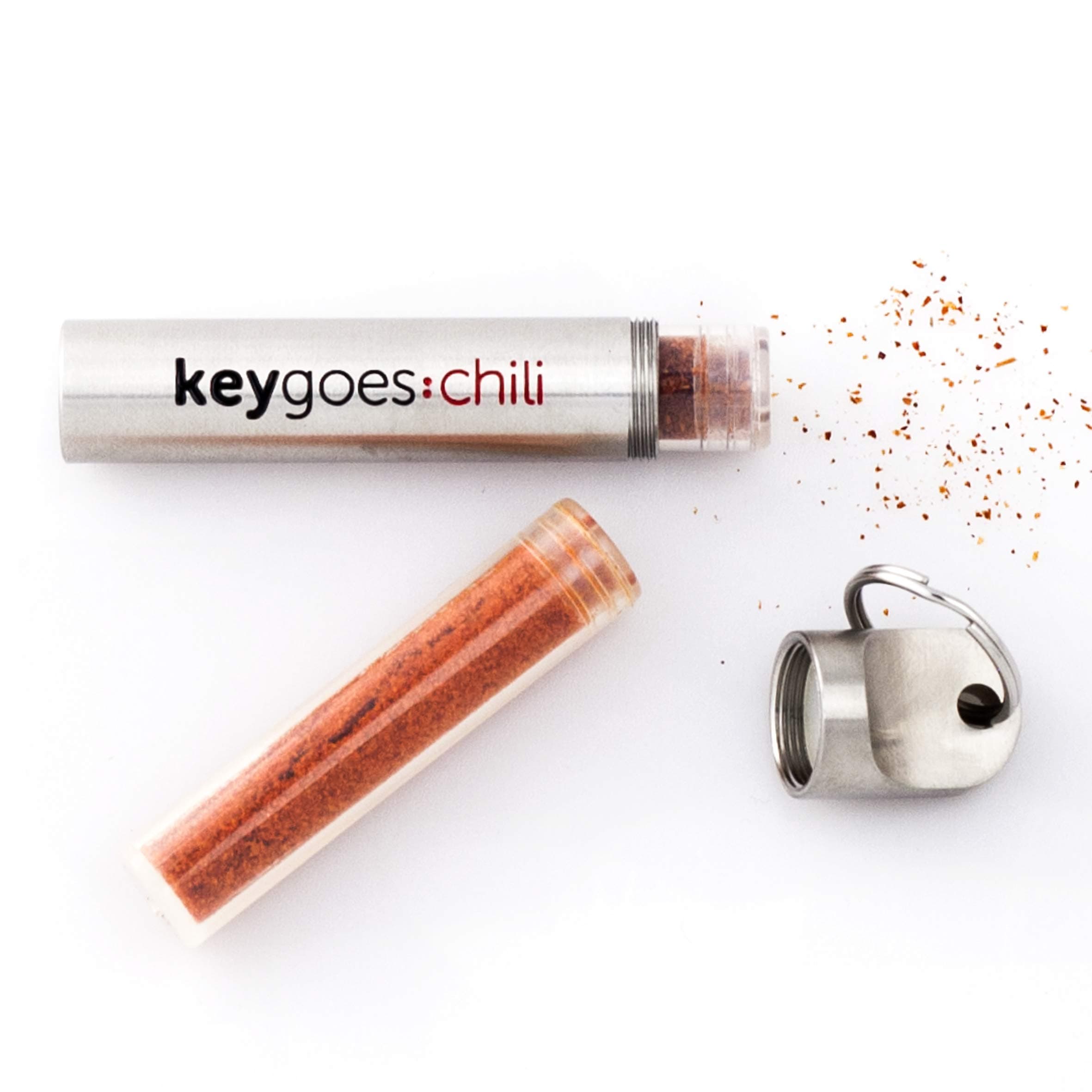 Chilli to Go Keyring by Keygoes:chili | Two Ultra Heat vials with Trinidad Scorpion Moruga and Carolina Reaper Chilli Powder.