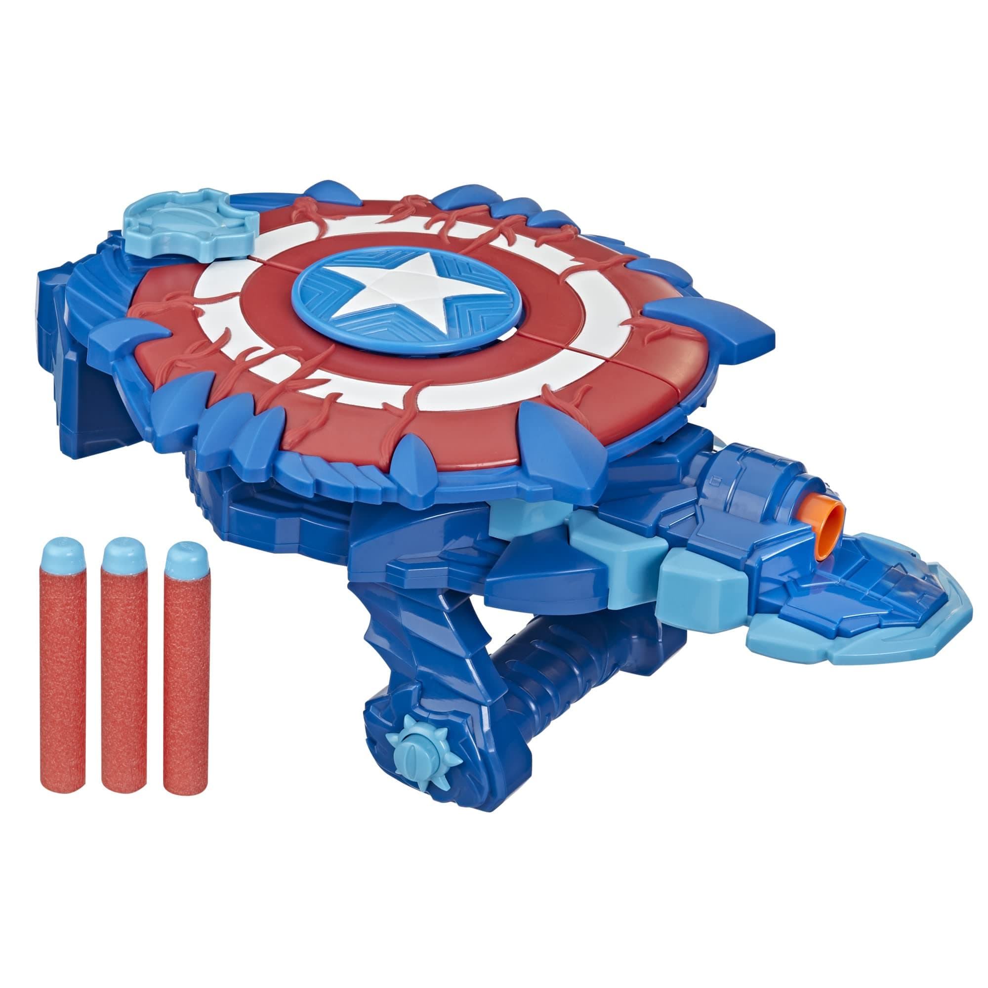Avengers Mech Strike Monster NERF Captain America Monster Blast Shield Roleplay Toy with 3 NERF Darts, Toys for Kids Ages 5 and Up