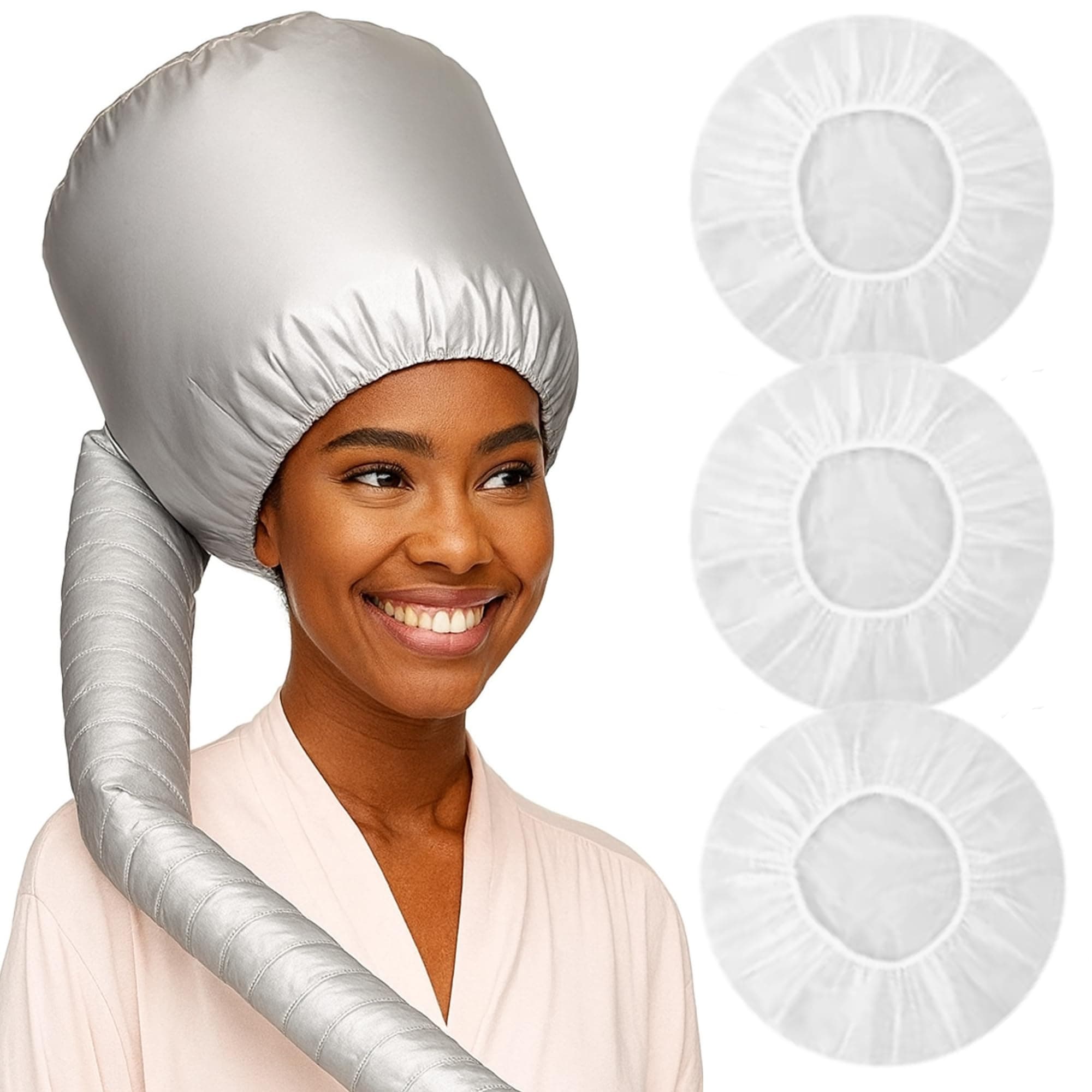 Red by Kiss Universal Soft Bonnet Hair Dryer Attachment, 30" Hose, Adjustable Hood, Airflow Vent Technology, Fits Most Dryers, for Extensions, Roller Sets, Deep Conditioning, Includes 3 Shower Caps