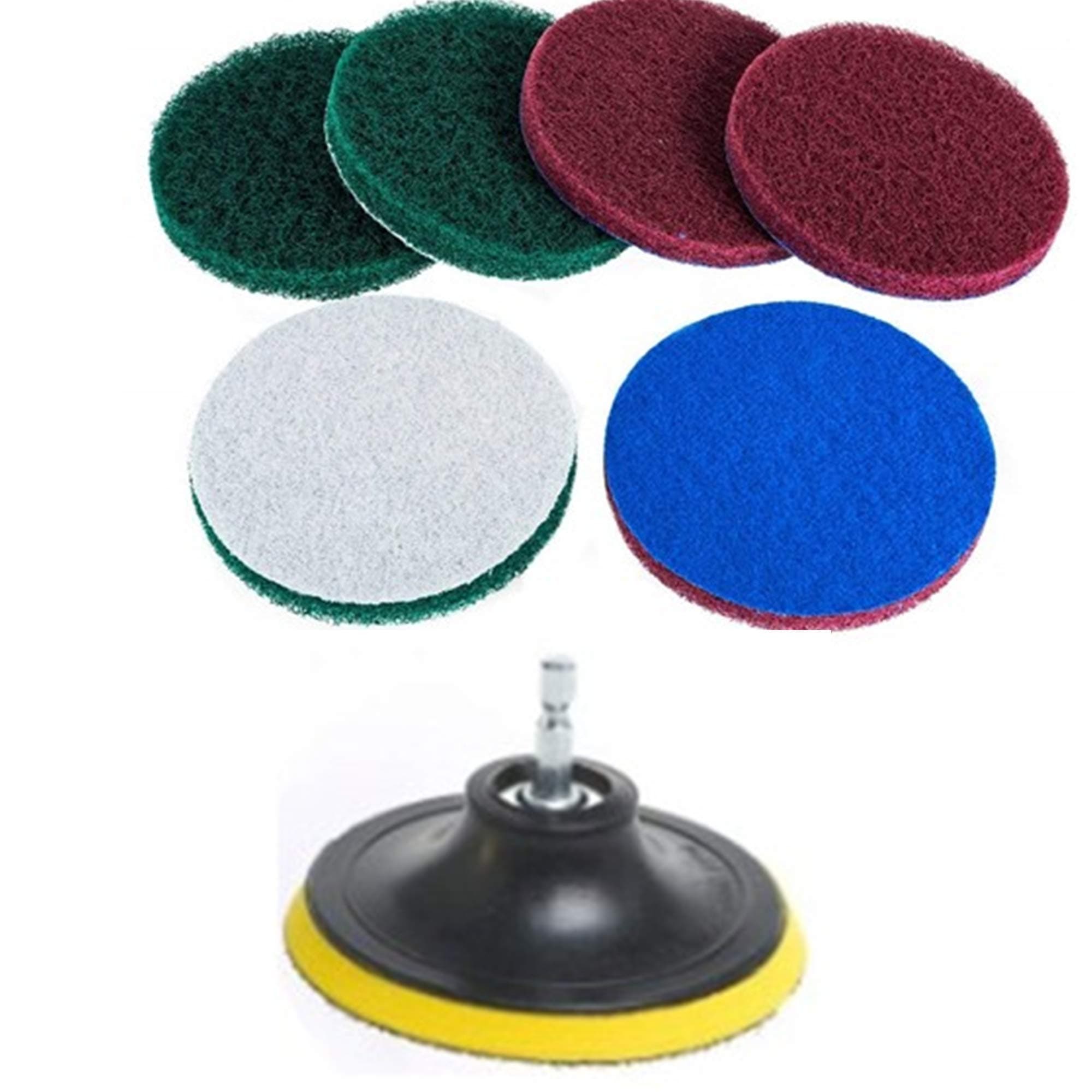 DUOSHIDA 4 Inch Drill Powered Brush Tile Scrubber Scouring Pads Cleaning Kit 2 Different Stiffness 4-Inch Disc Pad Holder with 6 Scrubbing Pads Cleans Large Flat Areas Perfectly (4-inch)