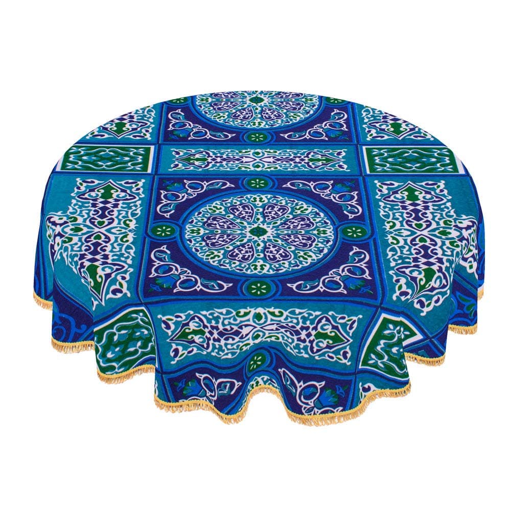 Egyptian Ramadan Decorations Colorful Blue Printed Khayamiya Cotton Linen Tablecloth Cover Top Round 55 Inches 140 cm