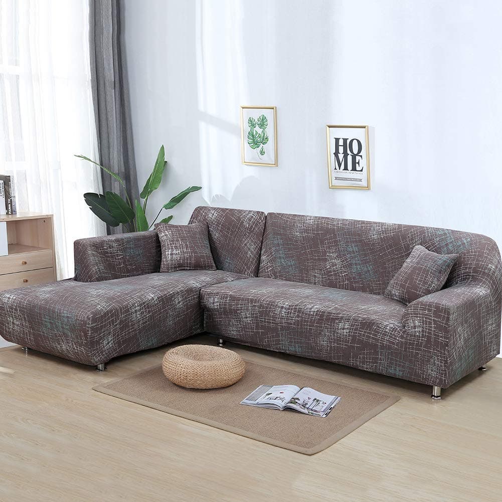Sofa Covers for L Shape, 2PCS Polyester Fabric Stretch Slipcovers + 2PCS Pillow Covers for Sectional Sofa L-Shape Couch #47
