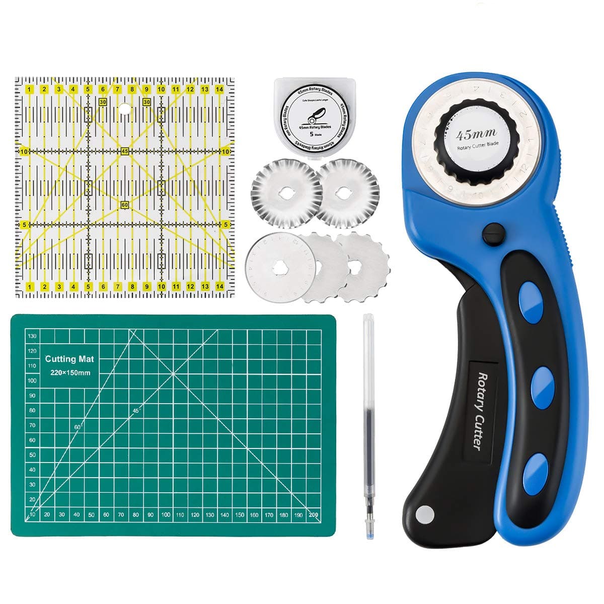 45mm Rotary Cutter with Rotary Cutter Blades 45mm(5pcs Replacements), Self-Healing Cutting Mat 22cm x 15cm, Acrylic Quilting Ruler 15cm x 15cm, ARTISTORE Perfect Set for Cutting Fabric, Paper, Leather