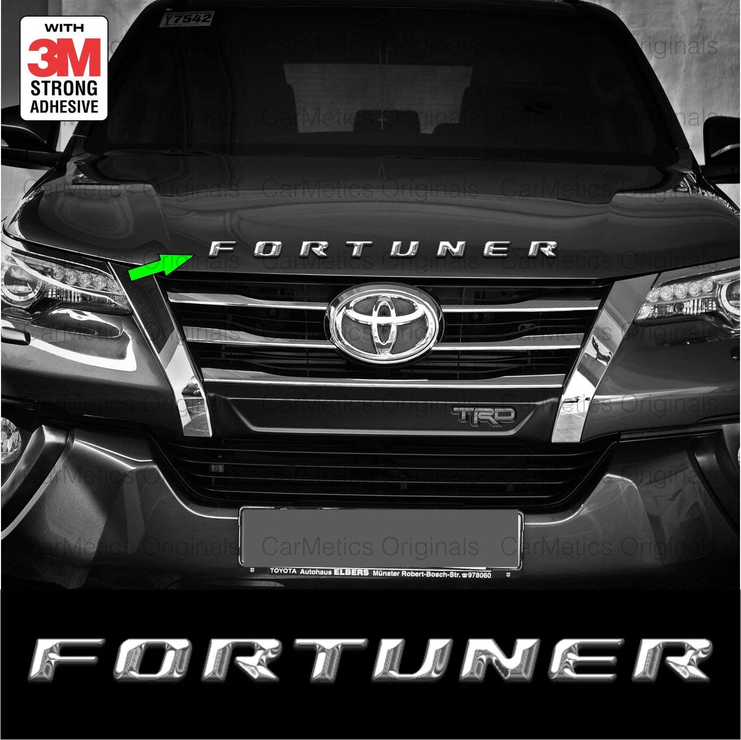 CarMetics Fortuner 3D Letters (3D Stickers 3D Logo 3D Emblem for Toyota Fortuner Bonnet, Dickey & Doors Accessories) ? Silver Colour ? 1 Set