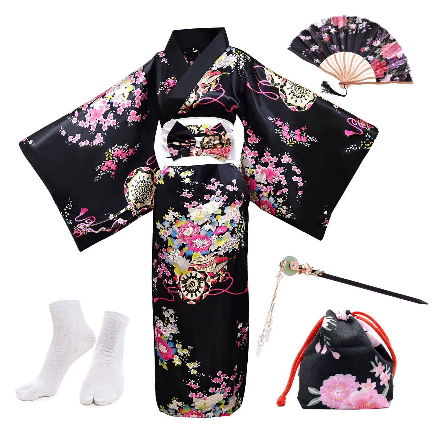 Japanese Robe Geisha Yukata Dress Blossom Satin Bathrobe with Drawstring Bag Hand Fan Hairpin Tabi Socks Set for Women