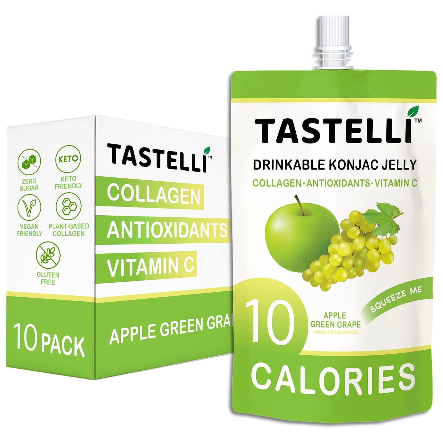 Tastelli Konjac Jelly Infused with Collagen & Vitamin C | Gluten Free, Sugar Free, Low Calorie | Vegan Drinkable Fruit Jelly Snack | Apple Green Grape | 150mL x 10 Pouches