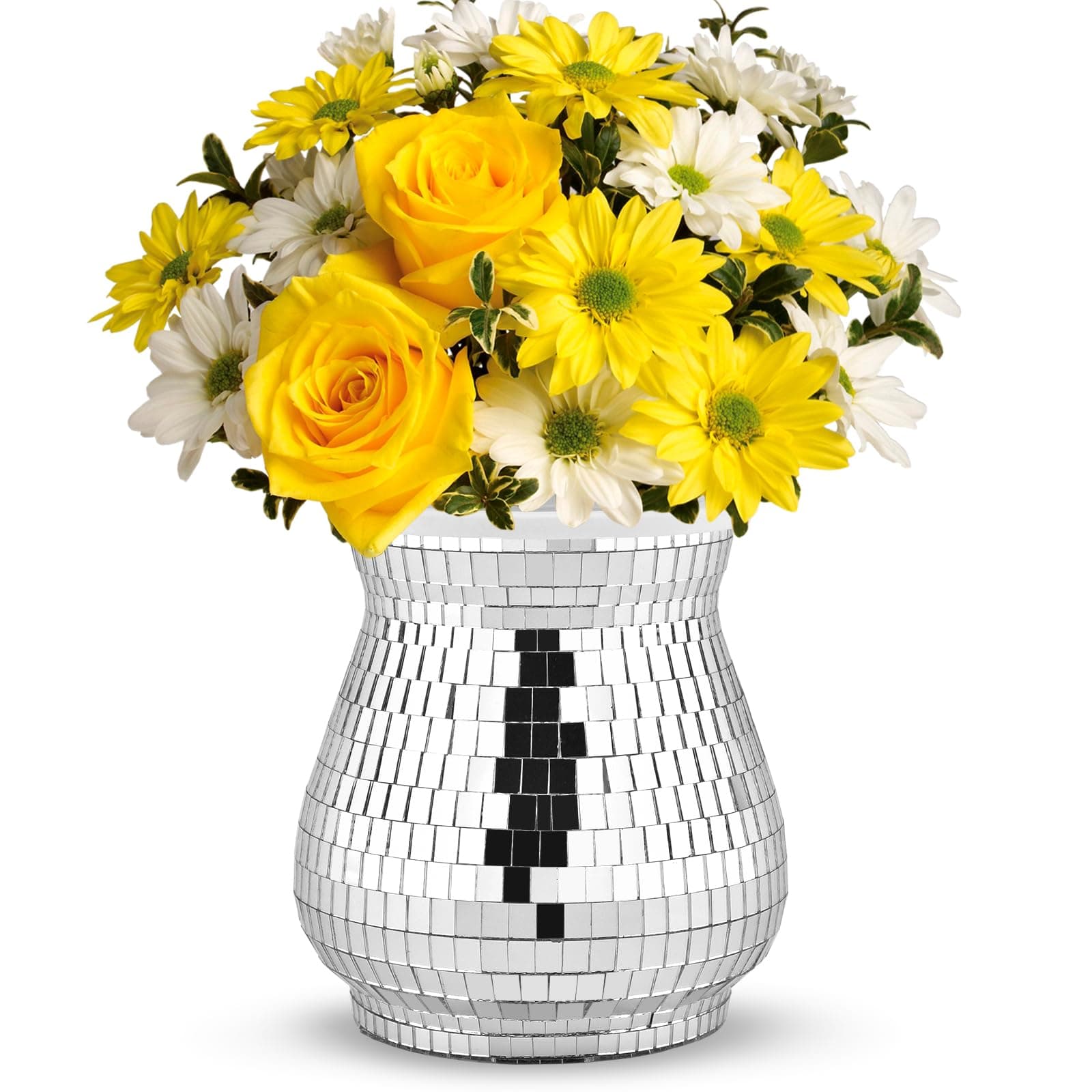 Disco Ball Vase,Disco Ball Planter,Disco Ball Flower Vase&Pot,Disco Plant Holder,Silver Mirror Glass Disco Ball Decor Vase for Table Centerpieces,Party,Wedding,Birthday,Bar, Office,Gift 4.7'' X5'' (1)