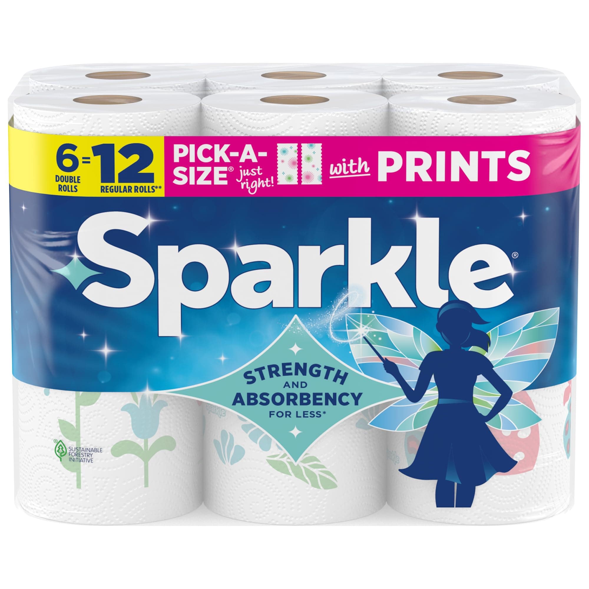 Sparkle Pick-A-Size Paper Towels, Spirited Prints, 6 Double Rolls = 12 Regular Rolls, Everyday Value Paper Towel With Full And Half Sheets