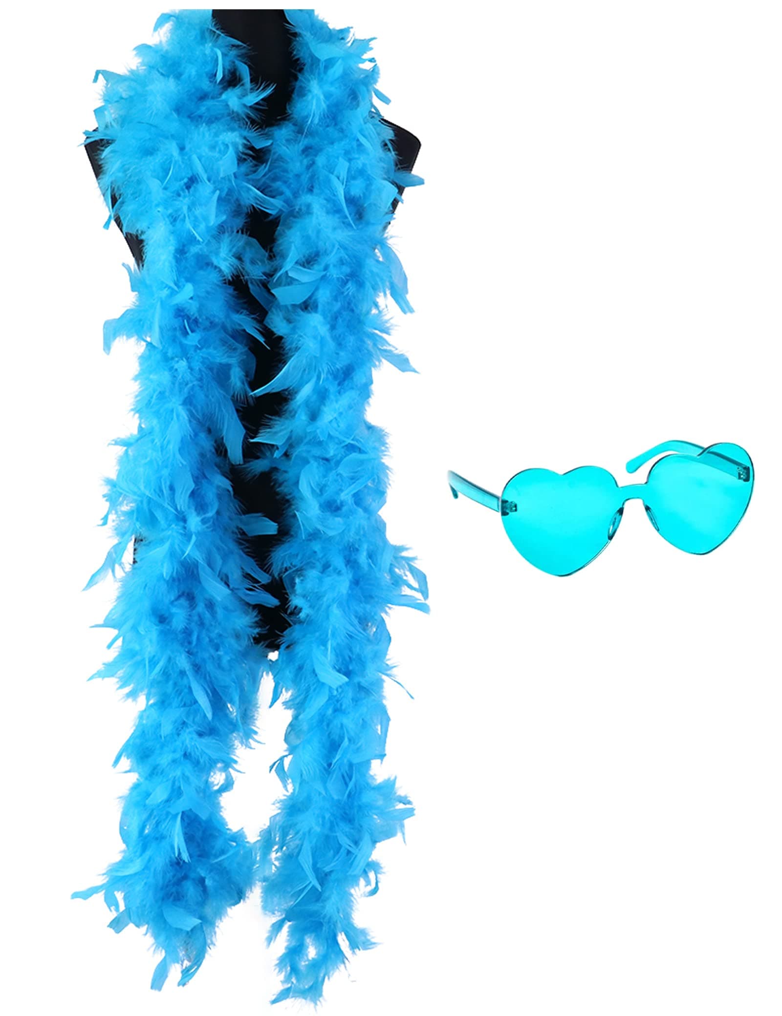 db11 Colorful Feather Boas, 6.6ft Feather Boa for Women for Dancing Wedding Party Cosplay Halloween,with Heart Rimless Sunglasses