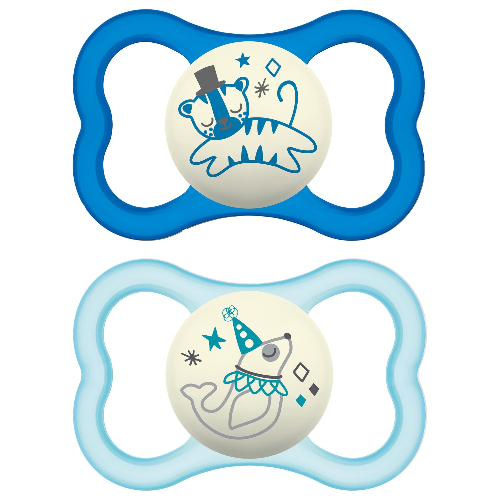 Air Night Pacifiers (1 Sterilizing Pacifier Case), MAM Sensitive Skin Pacifier 6+ Months, Glow in the Dark Pacifier, Best Pacifier for Breastfed Babies, Baby Boy Pacifiers, 6-16 (Pack of 2
