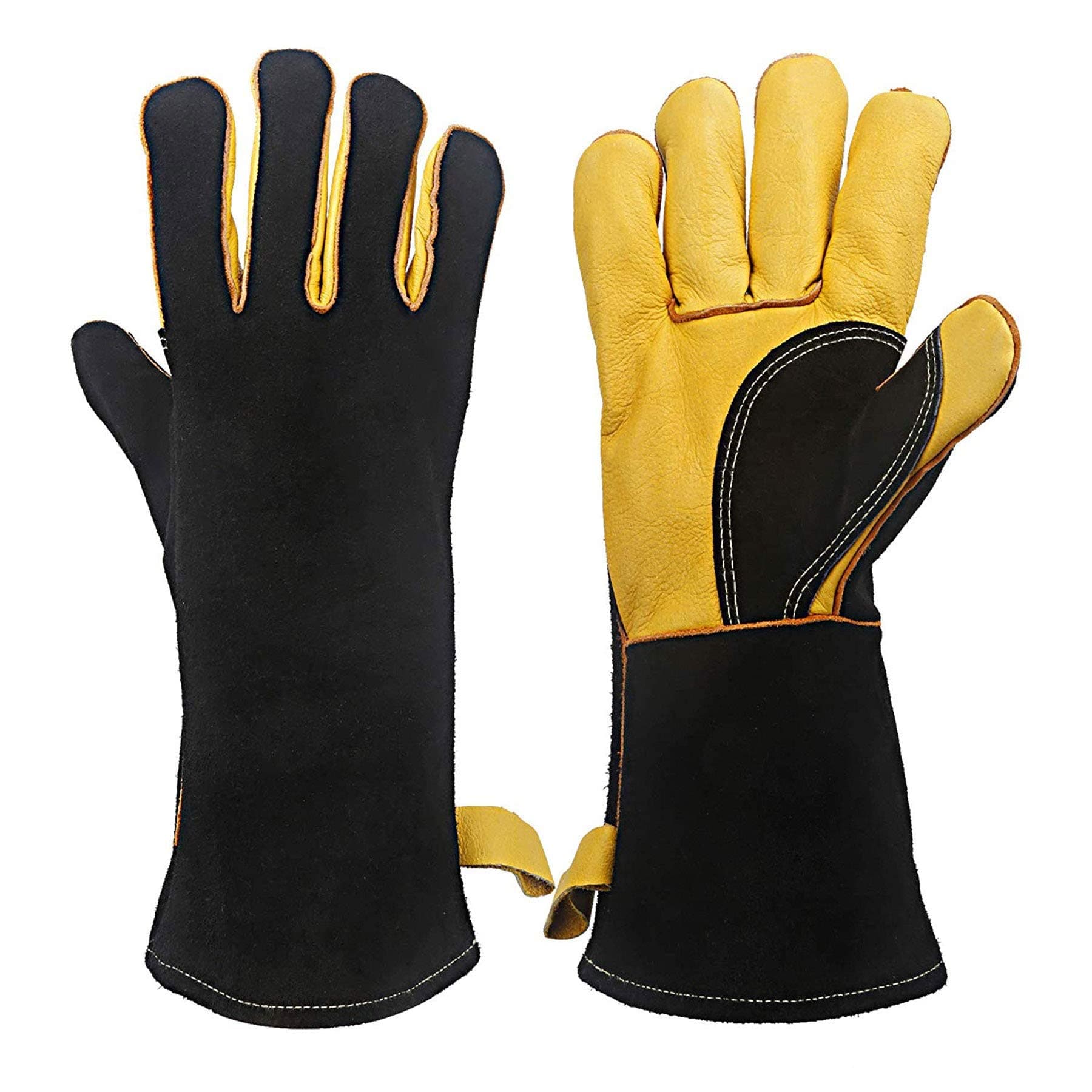 KIM YUAN Extreme Heat & Fire Resistant Gloves Leather with Kevlar Stitching,Perfect for Fireplace, Stove, Oven, Grill, Welding, BBQ, Mig, Pot Holder, Animal Handling, Black-Yellow 14inches/36cm 1 Pair