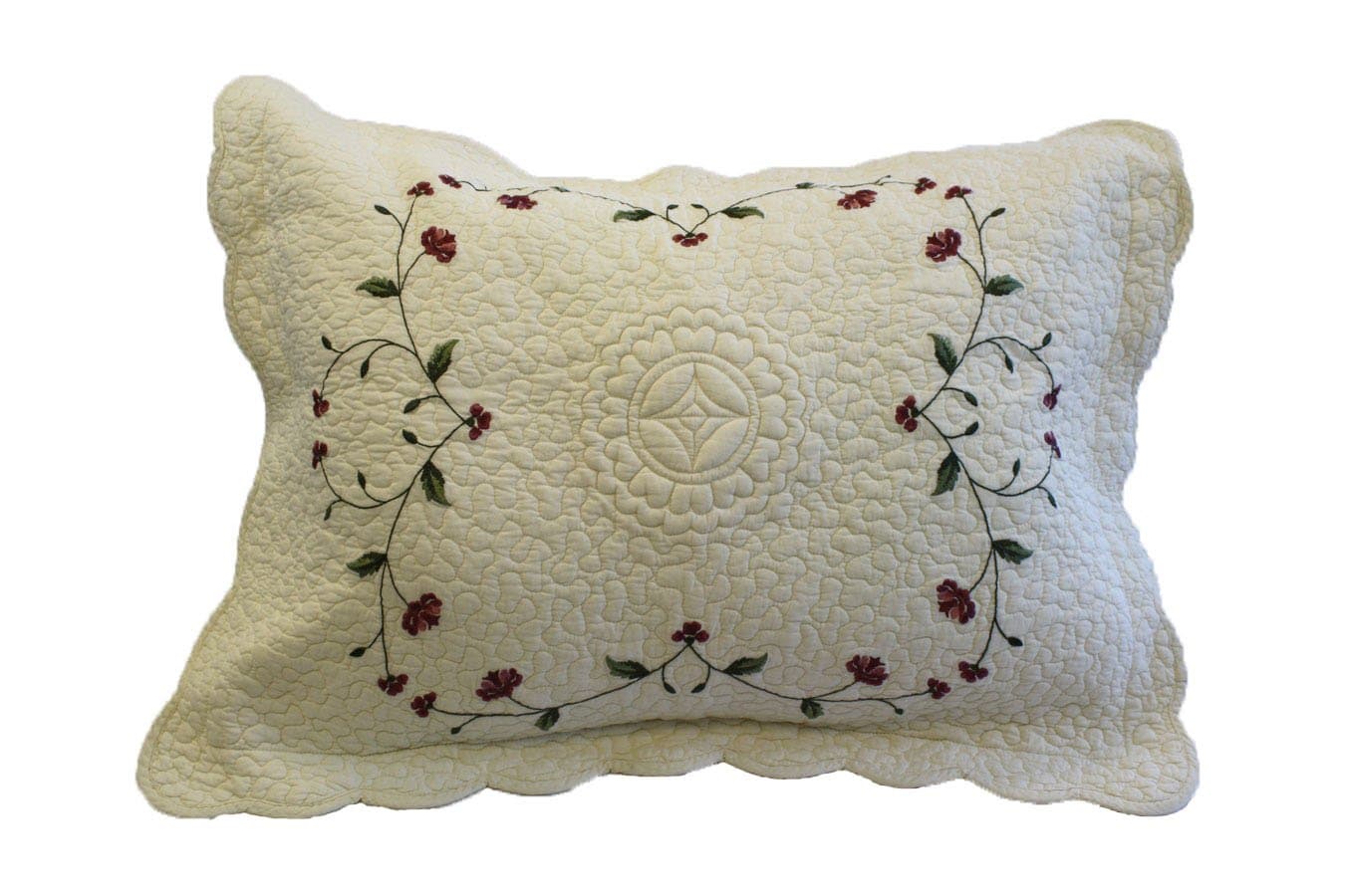 Nostalgia Tatum 100-Percent Cotton Fabric and Fill Embroidered Standard Pillow Sham with Dimensional Trapunto Quilting