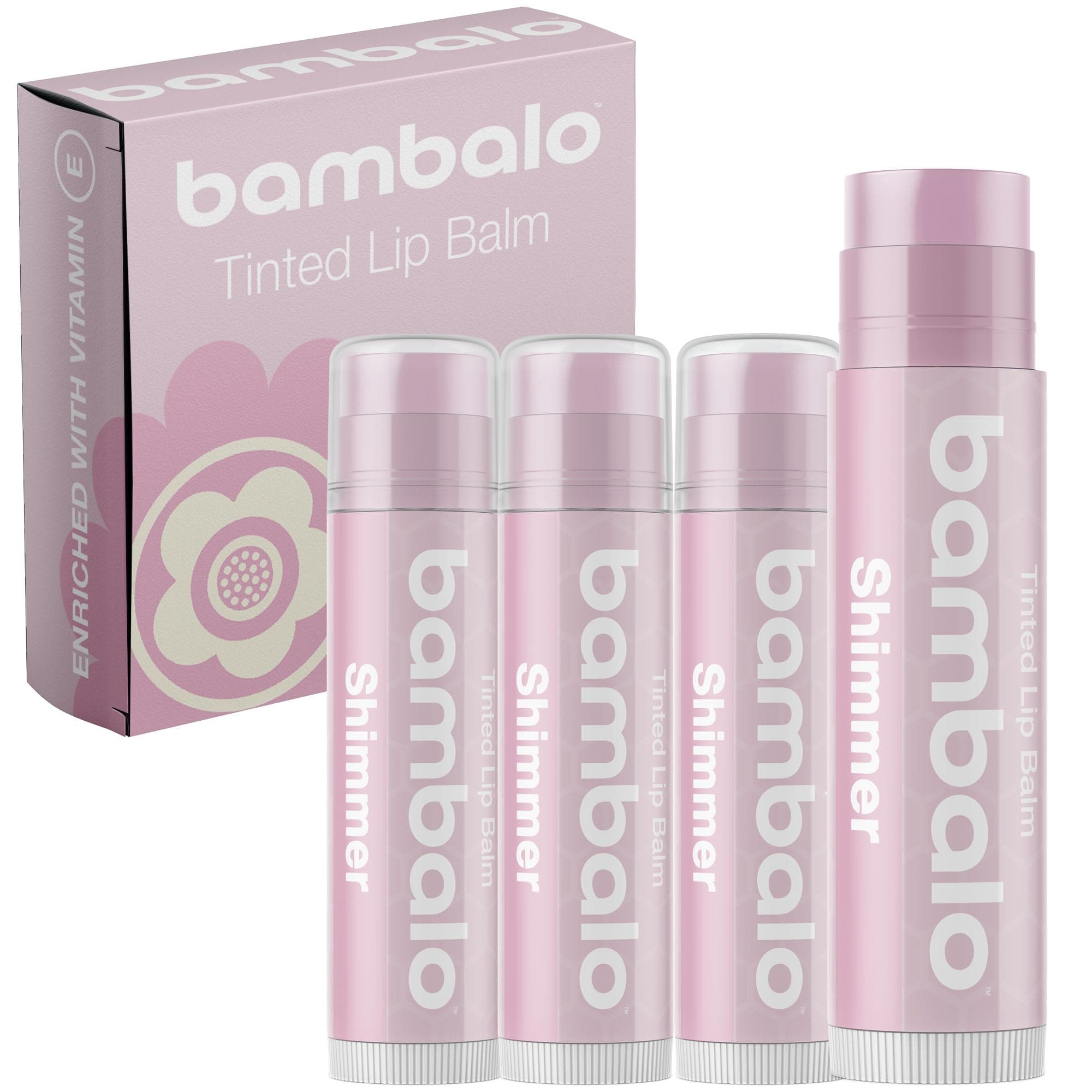 Tinted Lip Balm Shimmer - Bambalo 4-Pack Hydrating Moisturizing Care - Subtle Pearl Glow - Natural Organic Formula - Lightweight Smooth Finish - Made in USA