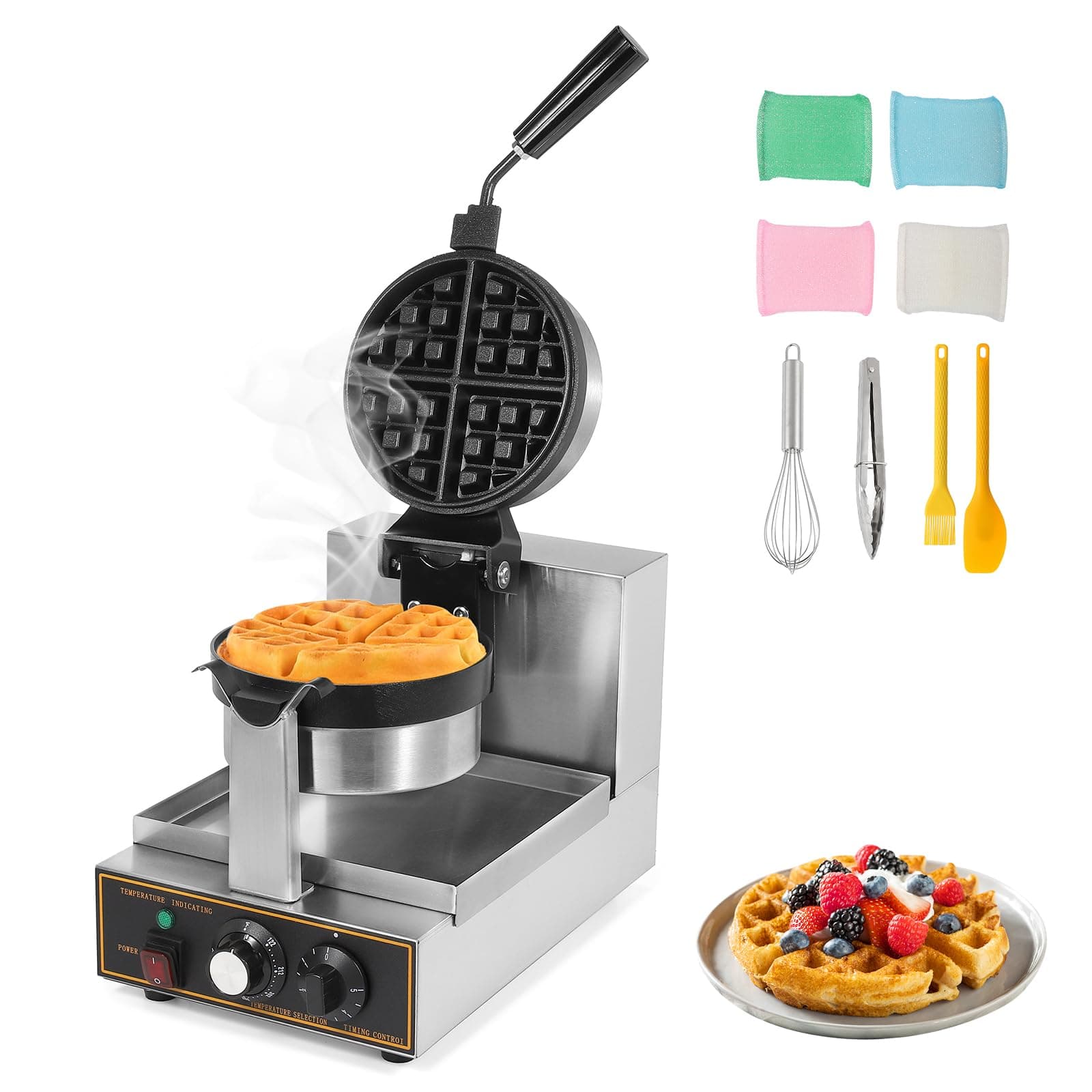 WICHEMI Commercial Belgian Waffle Maker 360° Flip Nonstick Rotating Waffle Iron Time Control Temperature Adjustable Stainless Steel Body 110V 1200W