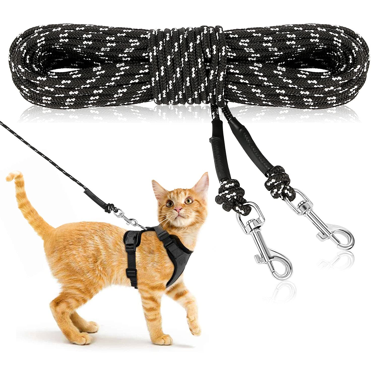 Rypet Reflective Cat Long Leash - 15 FT Escape Proof Walking Leads Yard Long Lead Durable Safe Personalized Extender Leash Traning Play Outdoor for Kitten, Puppy, Rabbit and Small Animals