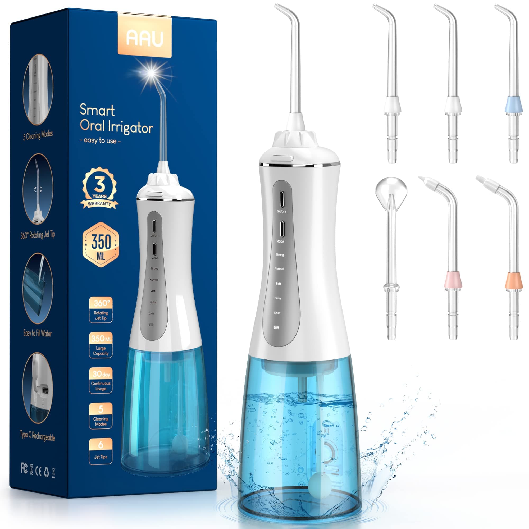 Cordless Water Dental Flosser for Teeth - 350ML Portable and Rechargeable Oral Irrigator with 5 Modes 6 Replaceable Tips - IPX7 Waterproof Powerful Battery Life Picks for Travel Home Use