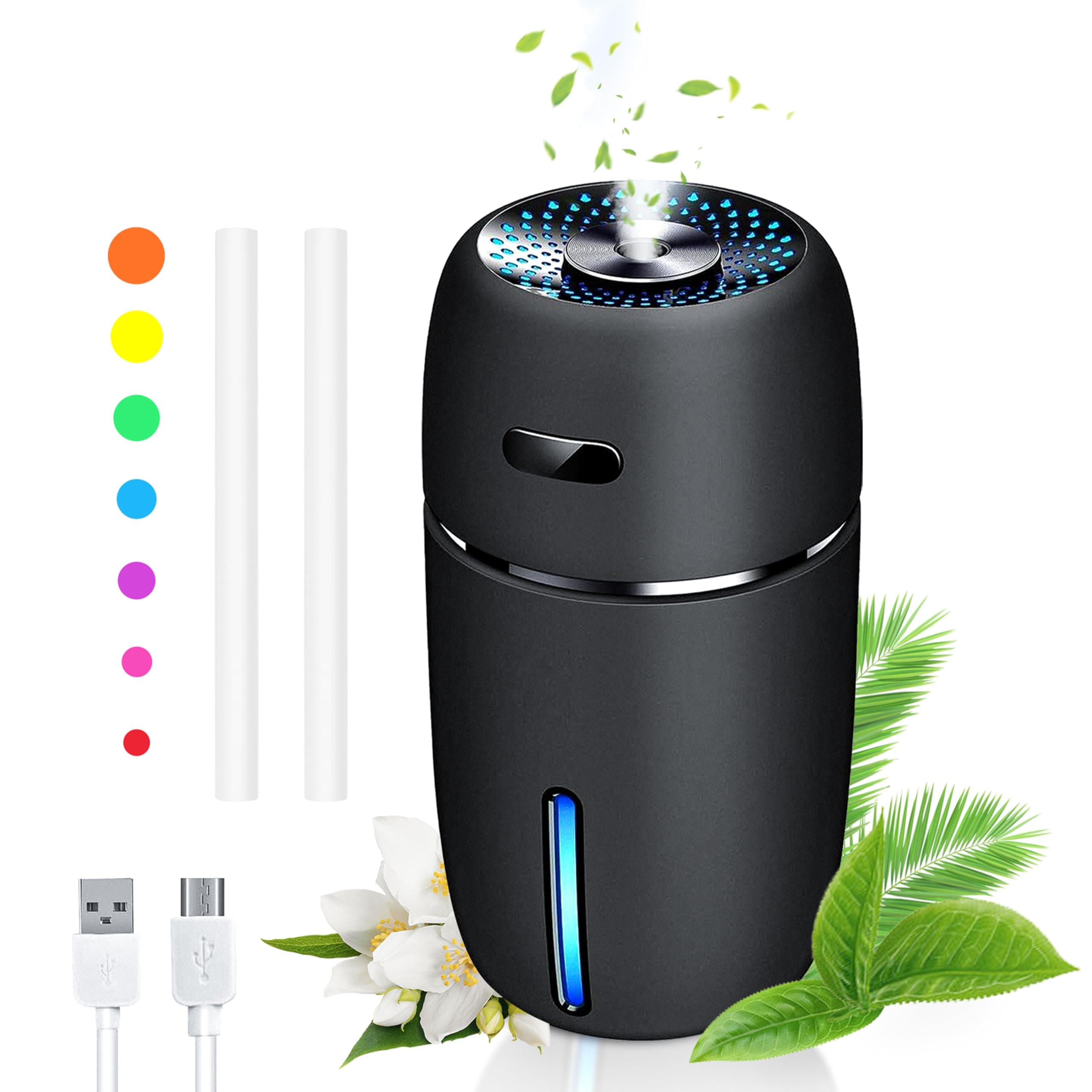 Mini USB Car Humidifier, 200ml Ultrasonic Cool Mist Humidifier with 7 Colors Light Changing, Adjustable Mist Mode,Auto Shut-Off, Super Quiet Operation for Bedroom Home Office, Car, Travel (Black)
