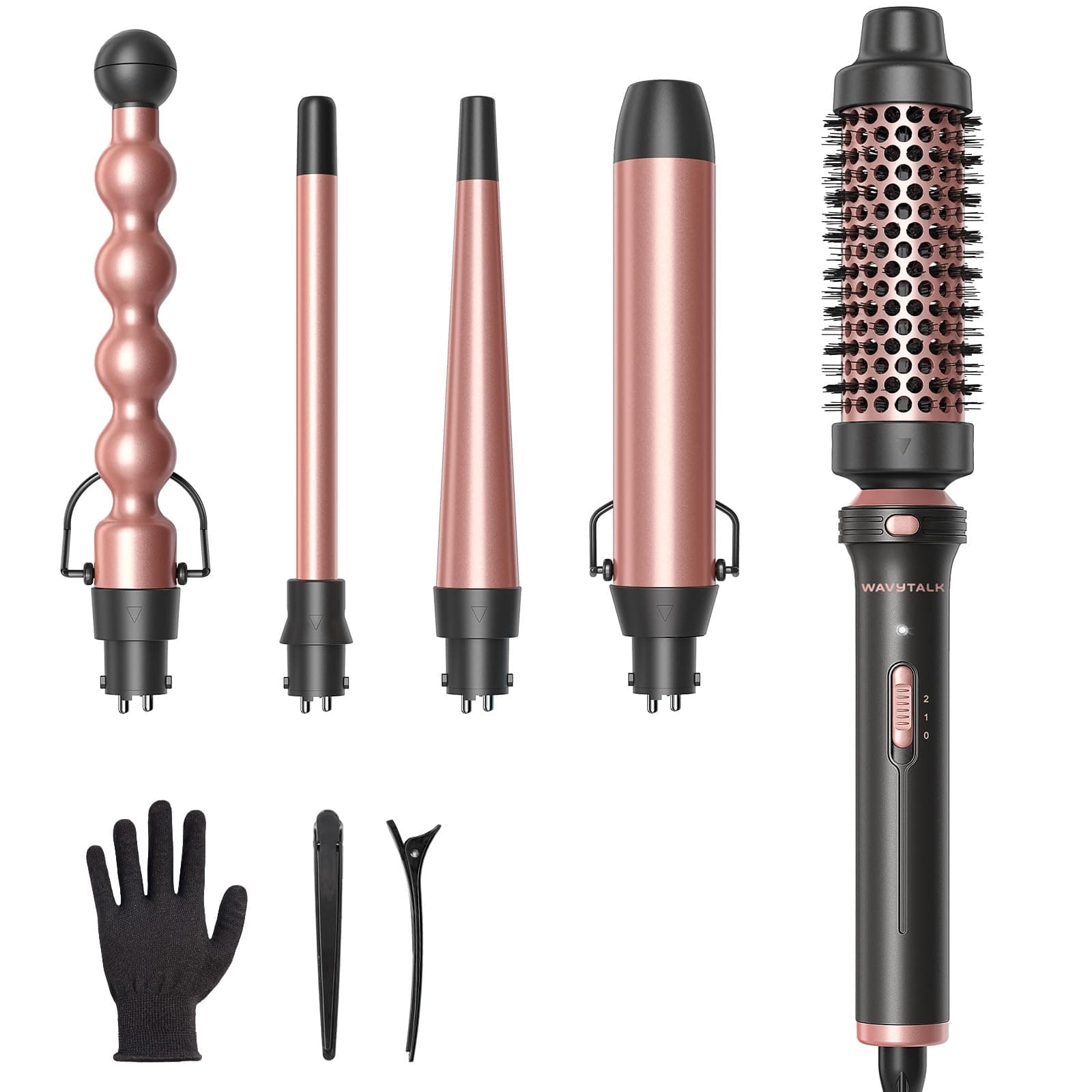 Wavytalk 5-in-1 Curling Wand Set with Curling Brush, 4 Interchangeable Ceramic Wands (0.89-3.2cm), Heat-Protective Glove, 2 Clips, Instant Heating