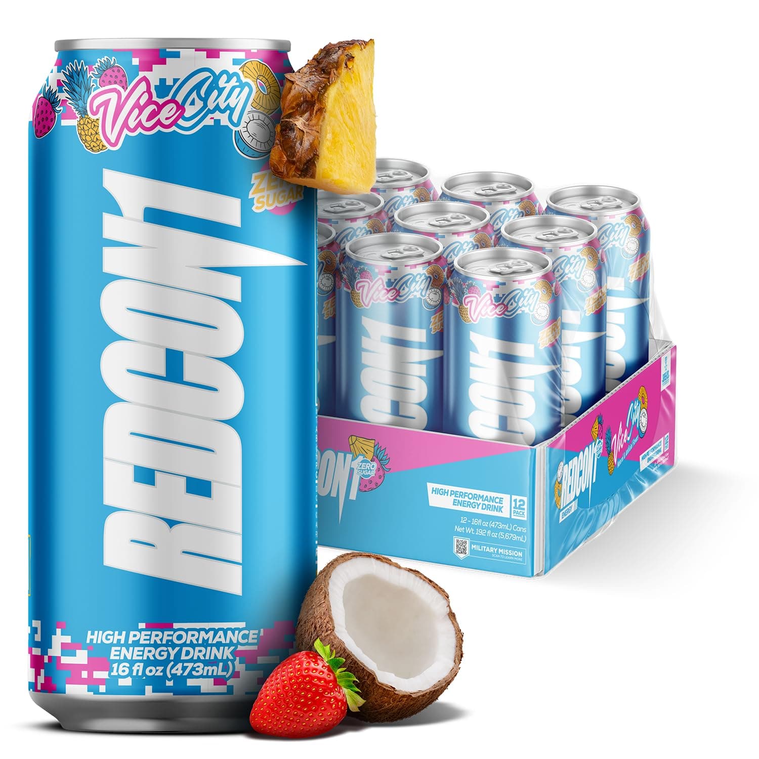 Energy High Performance Drink, Vice City - Zero Sugar Energy Drink with Alpha GPC Nootropic - 200mg of Natural Caffeine from Green Coffee Beans - Vitamin B6, B12 & B5 to Boost Mood (12 ct)