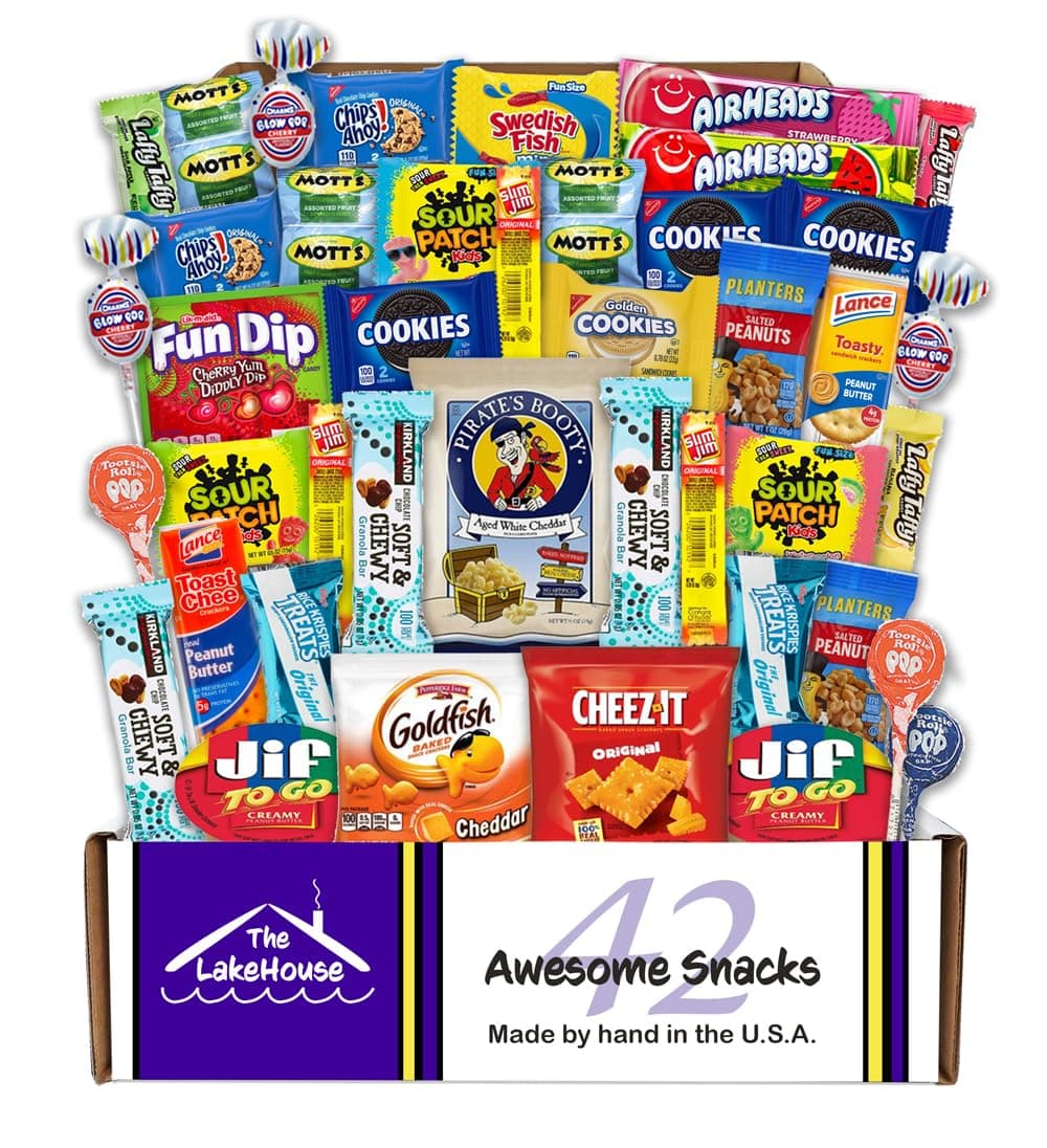 Snacks Variety Pack for Kids - 42 Count Snack Packs Variety Box - Camp Care Package Girl or Boy - Salty Sweet Snack Box - Snack Pack Candy Gift Baskets by The LakeHouse