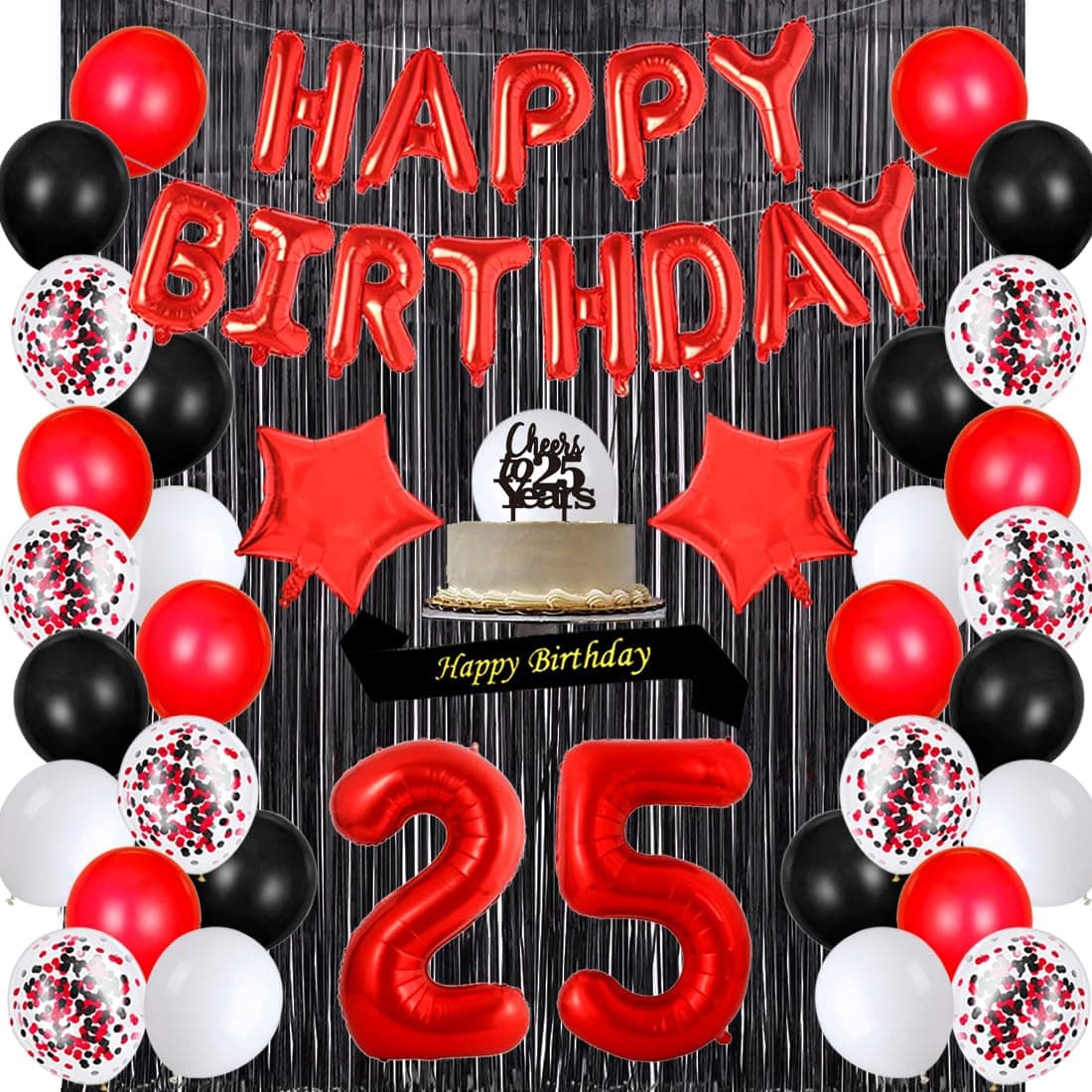 Red 25th Birthday Decorations Happy Birthday Banner Sash Cheers To 25 Years Cake Topper Number 25 Confetti Latex Balloons Black Tinsel Foil Fringe Curtains for Girls Women 25 Years Old Birthday Party