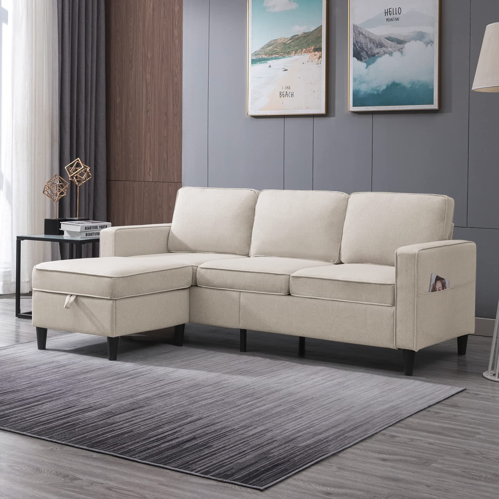Sectional Sofa with Storage Ottoman for Living Room, Sectional Couches and Ottoman Sets, Living Room Furniture Set,3-Seat Sofa + Ottoman,Begie