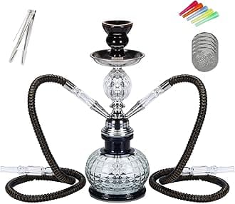 Hookah 2 Hose Complete Set Silicone Tube Ceramic Bowl Hookah Smoking Glass Shisha with Heat Management System（Black）