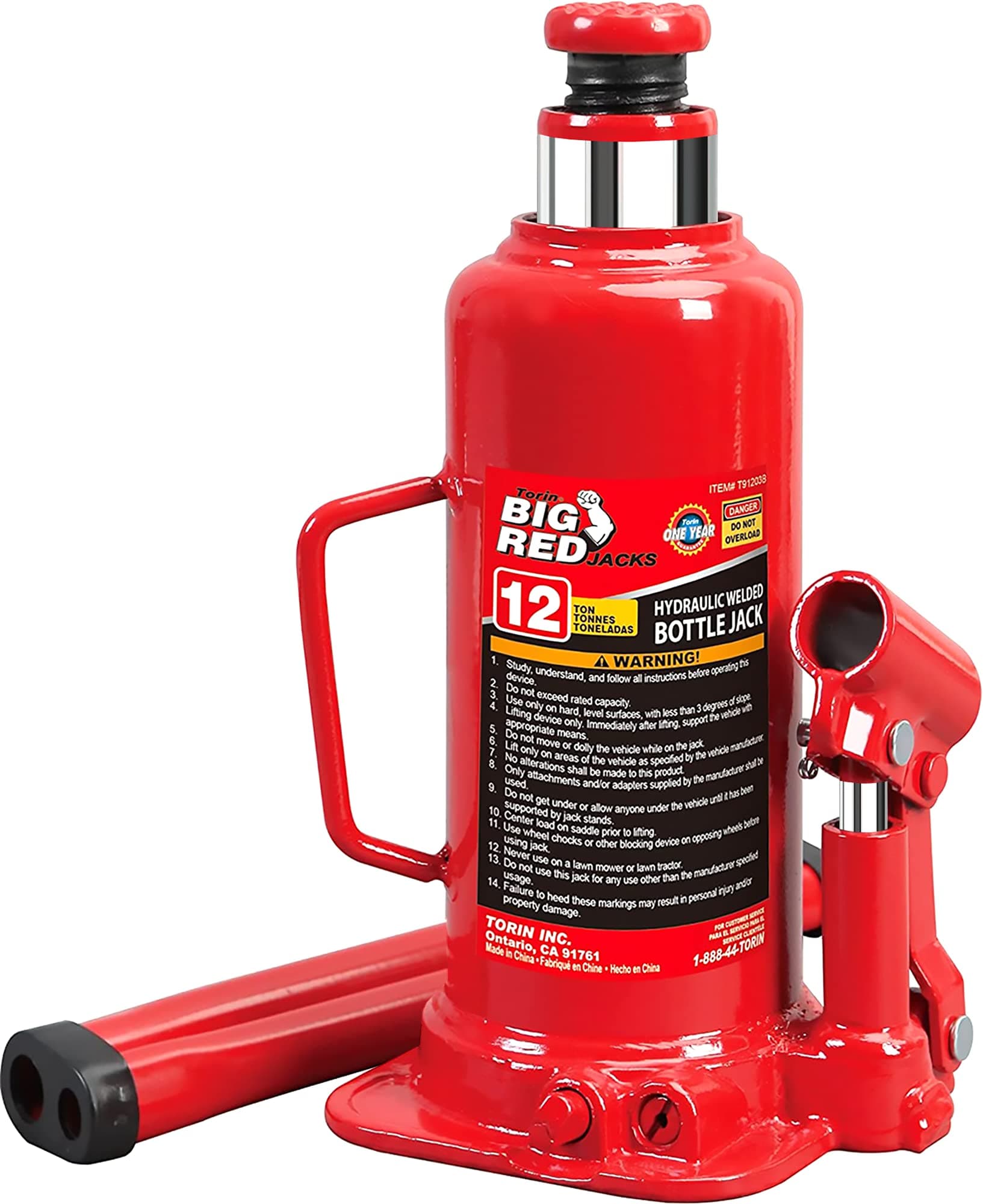 BIG RED T91203B Torin Hydraulic Welded Bottle Jack, 12 Ton (24,000 lb) Capacity, Red