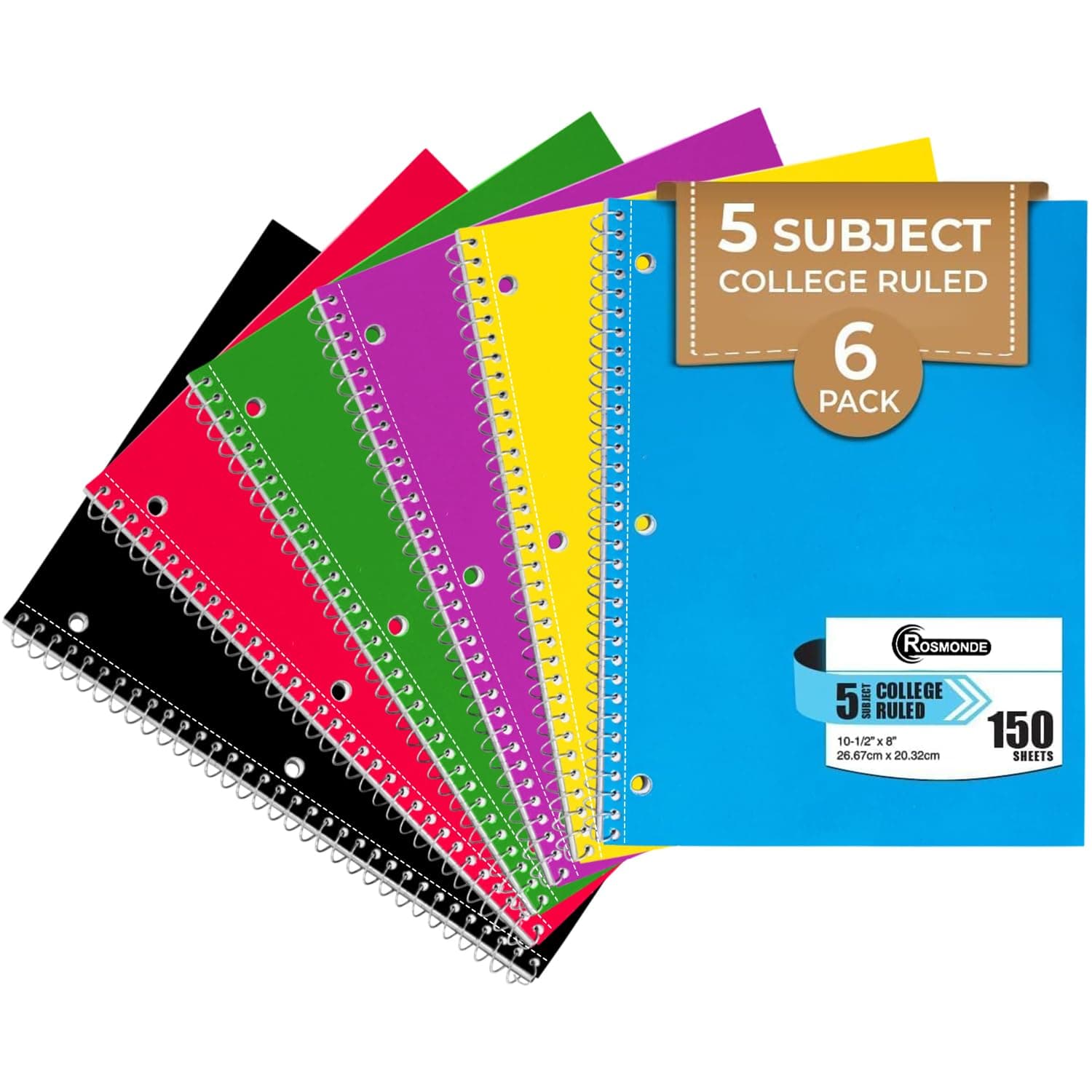 Rosmonde 5 Subject Spiral Notebook College Ruled, 6 Pack, 300 Pages (150 Sheets), 8" x 10-1/2", School & Office Note Books, Sturdy Spiral Bound, Soft Cover, Assorted Fun Colors, 5 Subject Notebooks Unknown Binding
