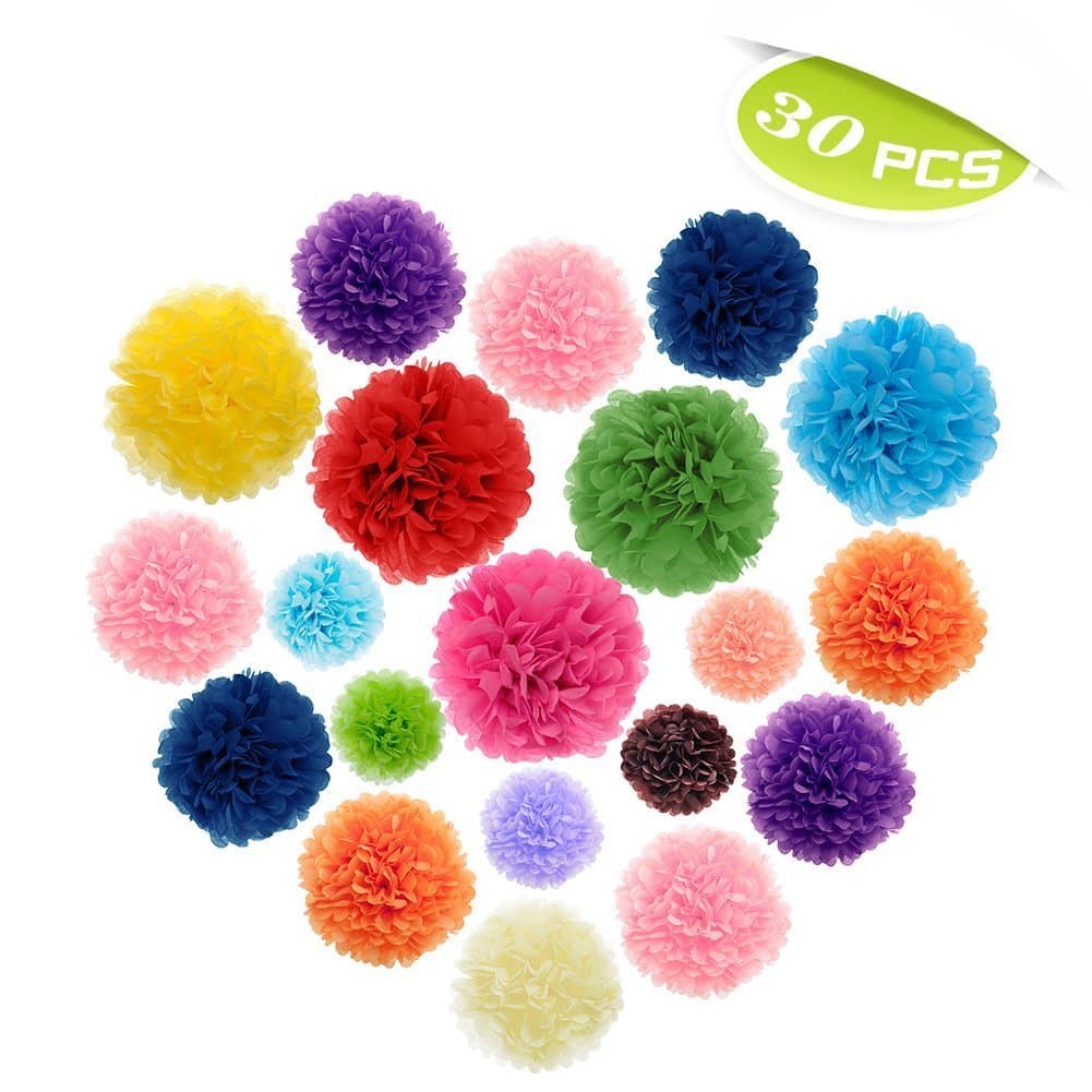 Erosion (Price/30 PCS) Rainbow Pom Poms, Tissue Paper Flower, Mixed Colors & Sizes