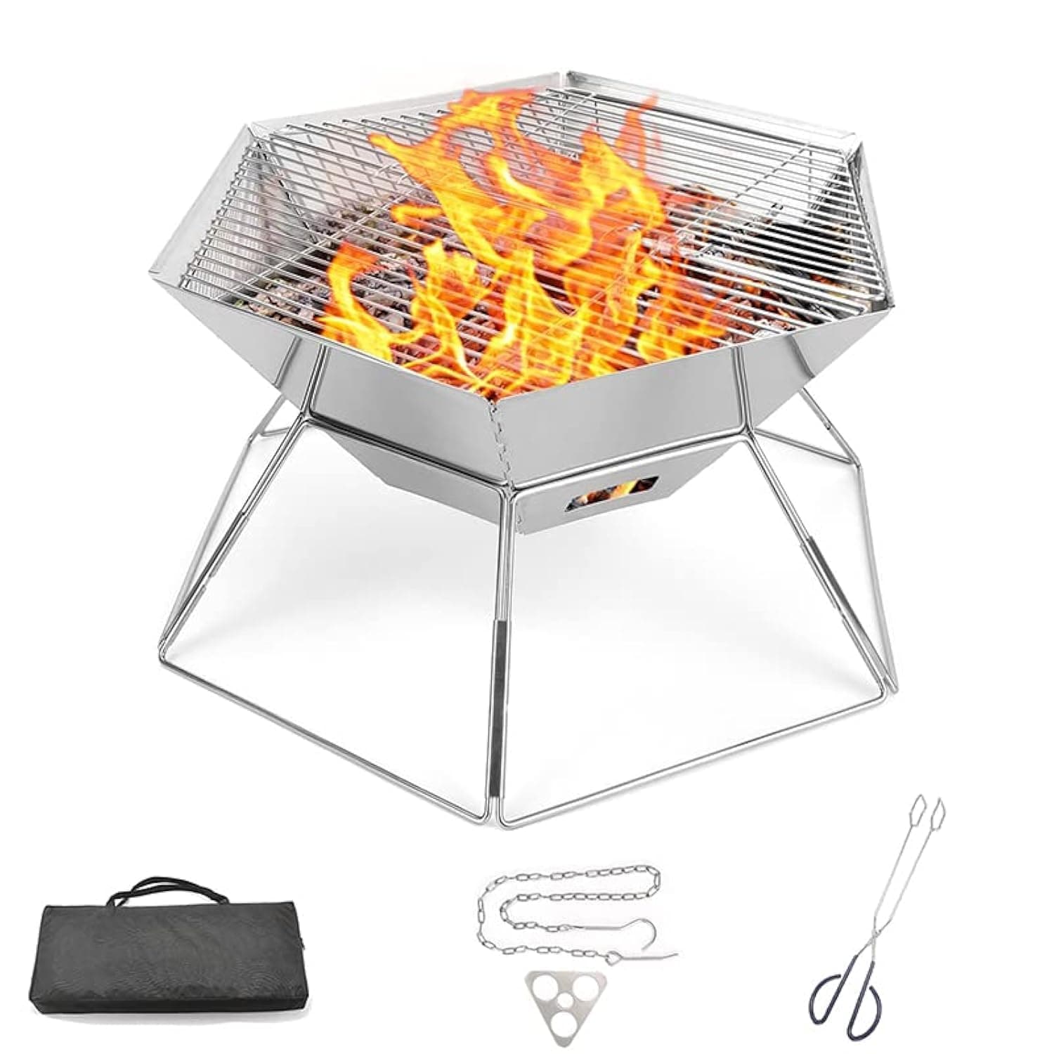 Portable Large Camping Grill Hexagonal Fire Pit | 304 Stainless Steel Grill Gate + Tripdo Board + Chain Hook +Scissors Tong + Storage Bag