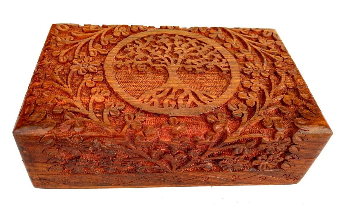 Ajuny Tree of Life Decorative Treasure Chest Keepsake Box - Handcarved Wooden Multipurpose Use As Jewelry Storage, Watch Box, Great for Gifts - Brown, 8X5 Inch