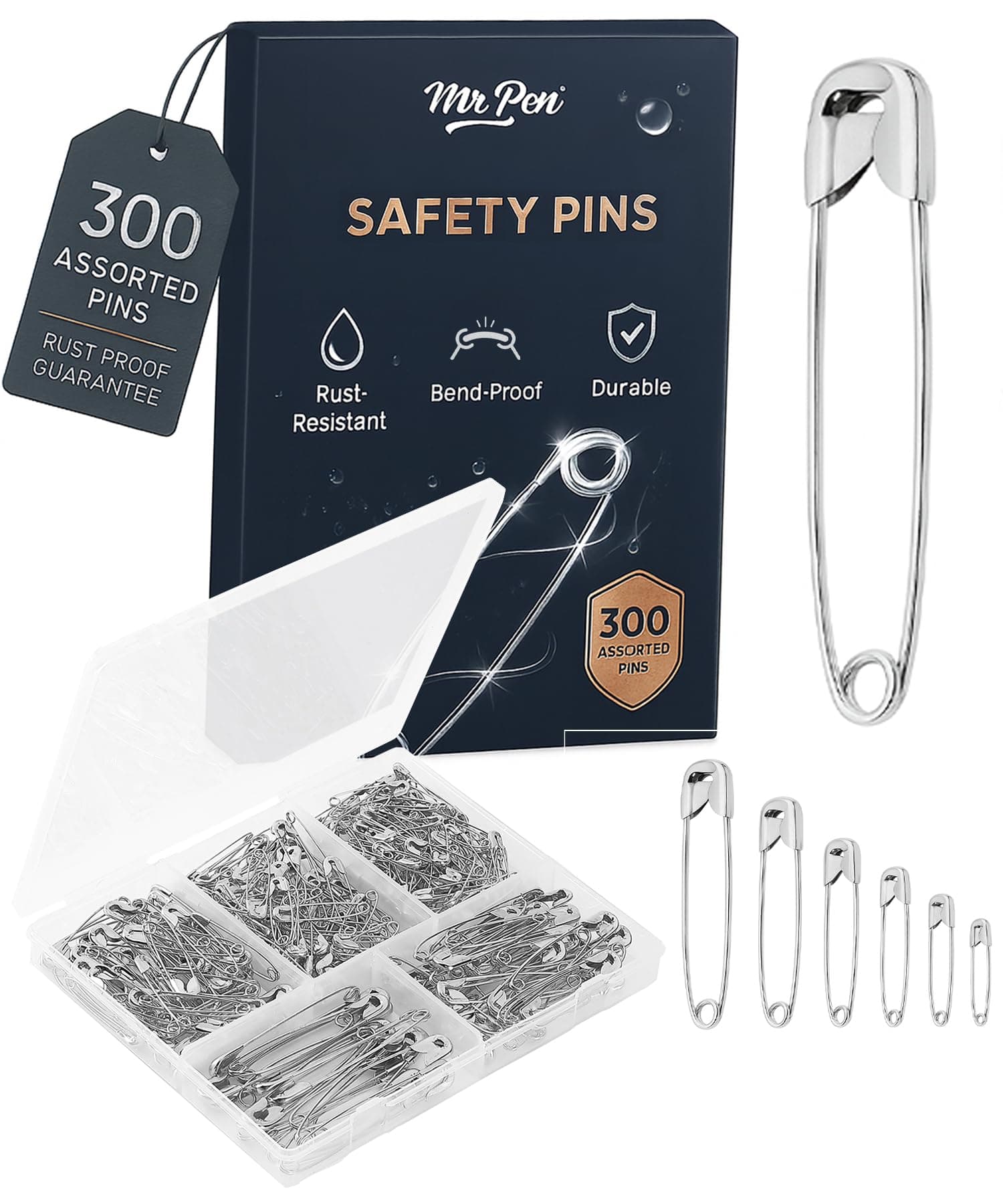 Mr. Pen Assorted Safety Pins - 300 Pack, Silver, Small & Large Sizes, Bulk Safety Pins for Clothes, Saree, Women Pin