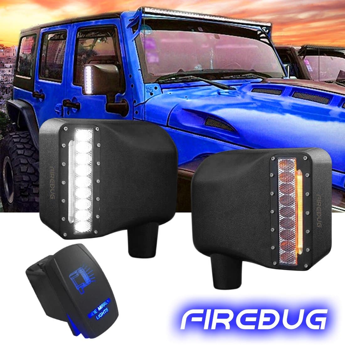 Firebug Wrangler Side Mirrors Housing with Amber Turn Signal Light + Bonus Laser Rocker Switch, Wrangler LED Side Mirrors Light, LED Rear View Mirror Lights, JK 07-16