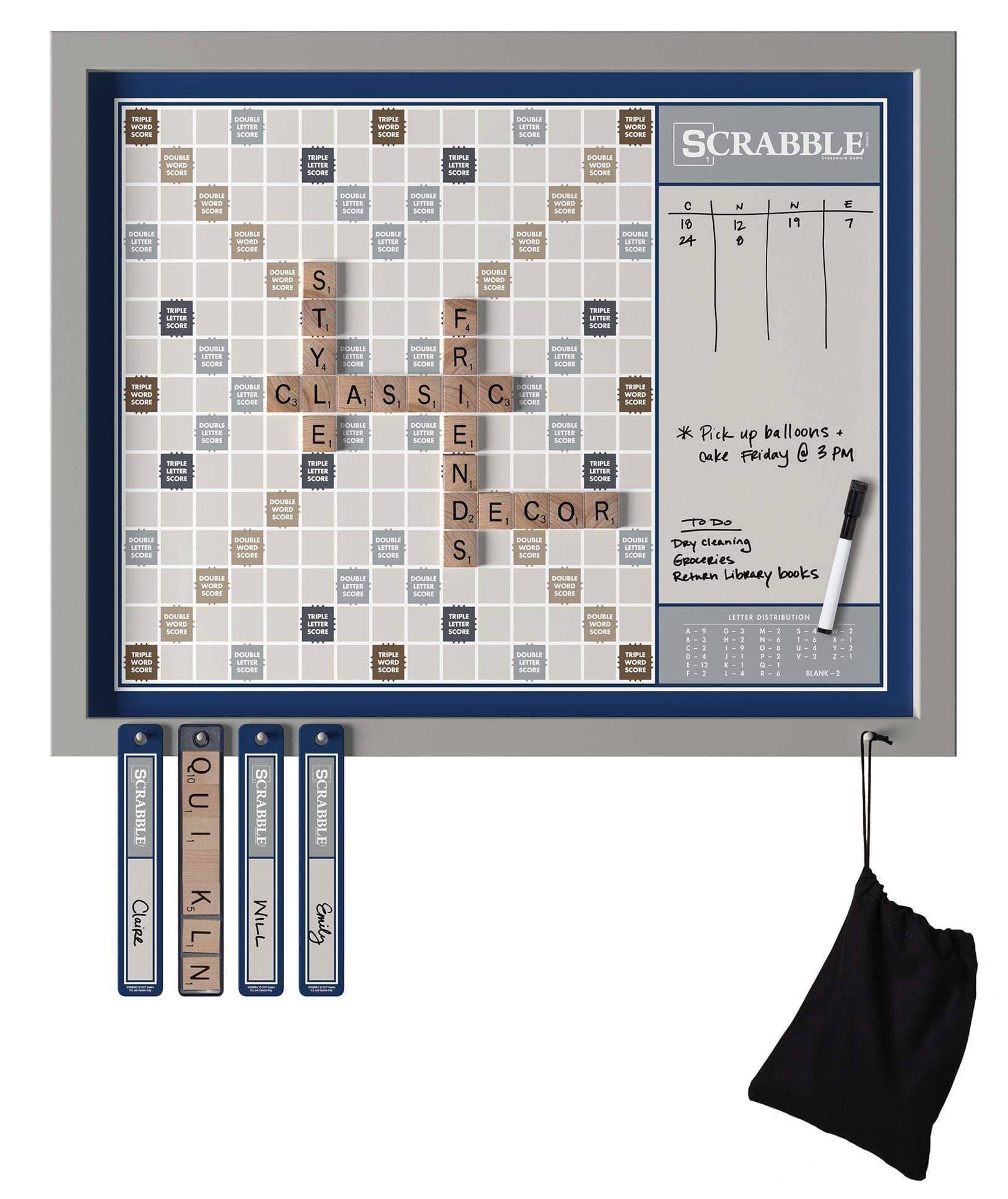 Scrabble Deluxe 2-in-1 Wall Edition, Oversized 30" x 24" Wood Frame, Magnetic Tiles & Dry Erase Message Board, Hangable Home Decor, Family Word Board Games for 2-4 Players, Ages 8+