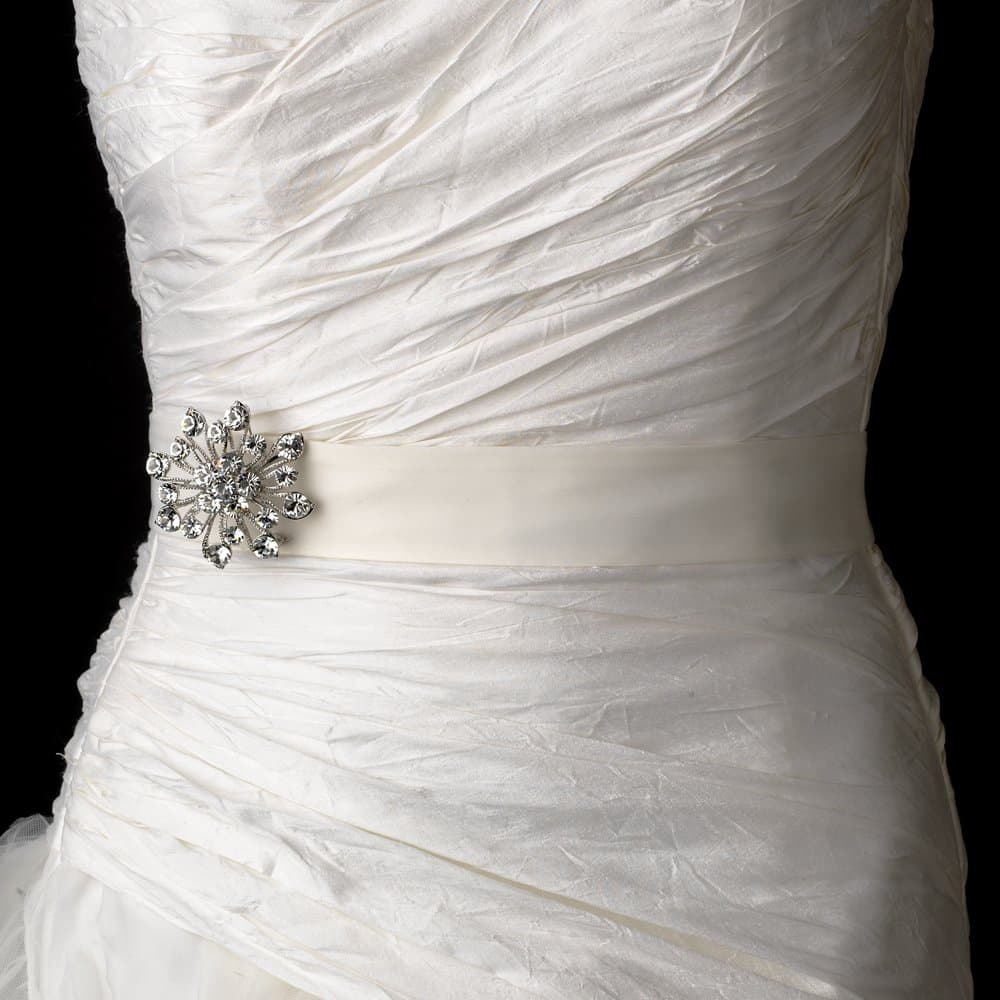 Antique Crystal Floral Star Brooch Wedding Bridal Sash Belt - Ivory