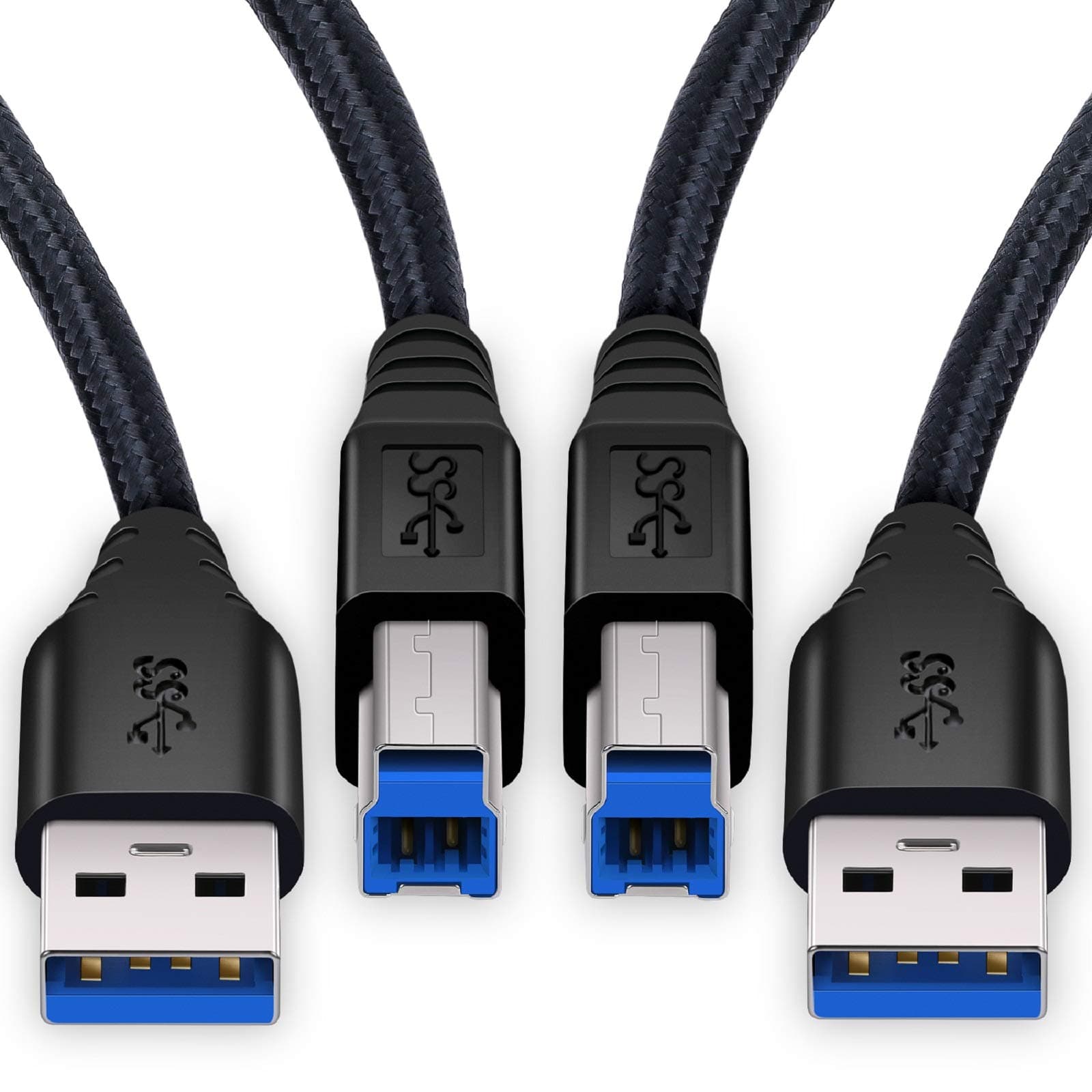 USB A to B Cable 6Ft,USB 3.0 A Male to Type B Male Braided Cord Upstream Cable for Printer USB Hub Scanner External Hard Driver-Black,2Pack