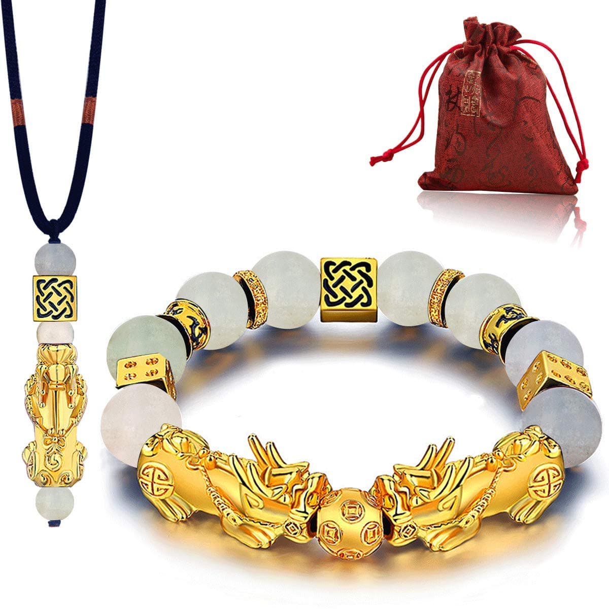 Feng Shui Bracelets for Women Men- Pi Xiu Good Luck Bracelets Necklace Set, 12mm Natrual Gemstone Wealth Success Bracelet Christmas Birthday Gifts for Women Men