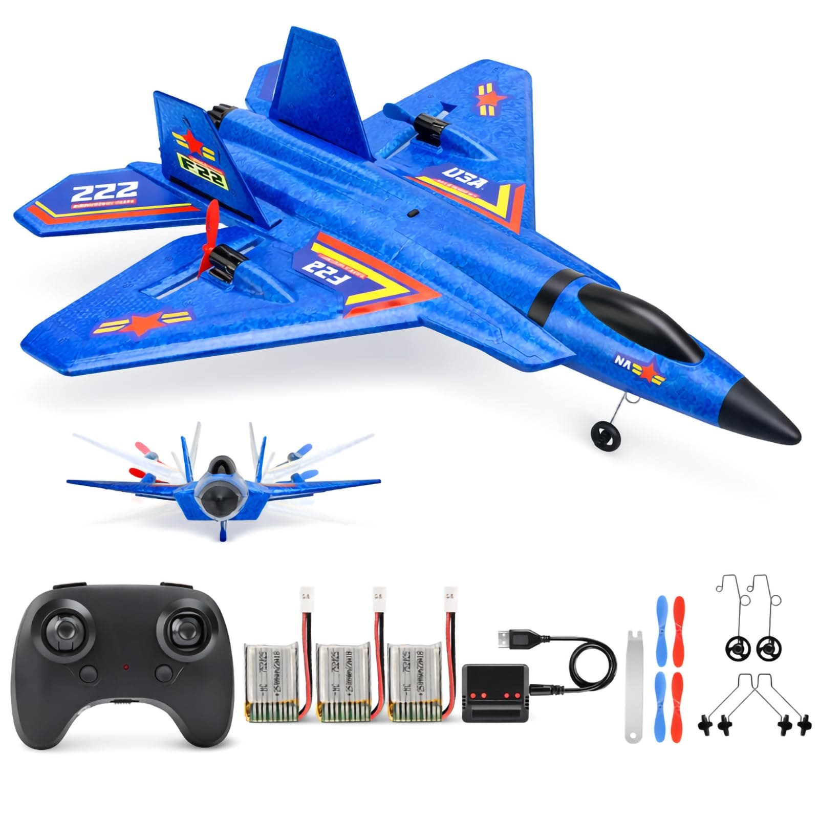 Remote Control Plane F-22 Raptor, 2.4GHz Durable Foam Rc Airplane with Smart Gyro/LED Lights/3 Rechargeable Batteries, RC Jet Glider Toy Gift for Kids Boys Girls 8-16 Year Old (Blue)