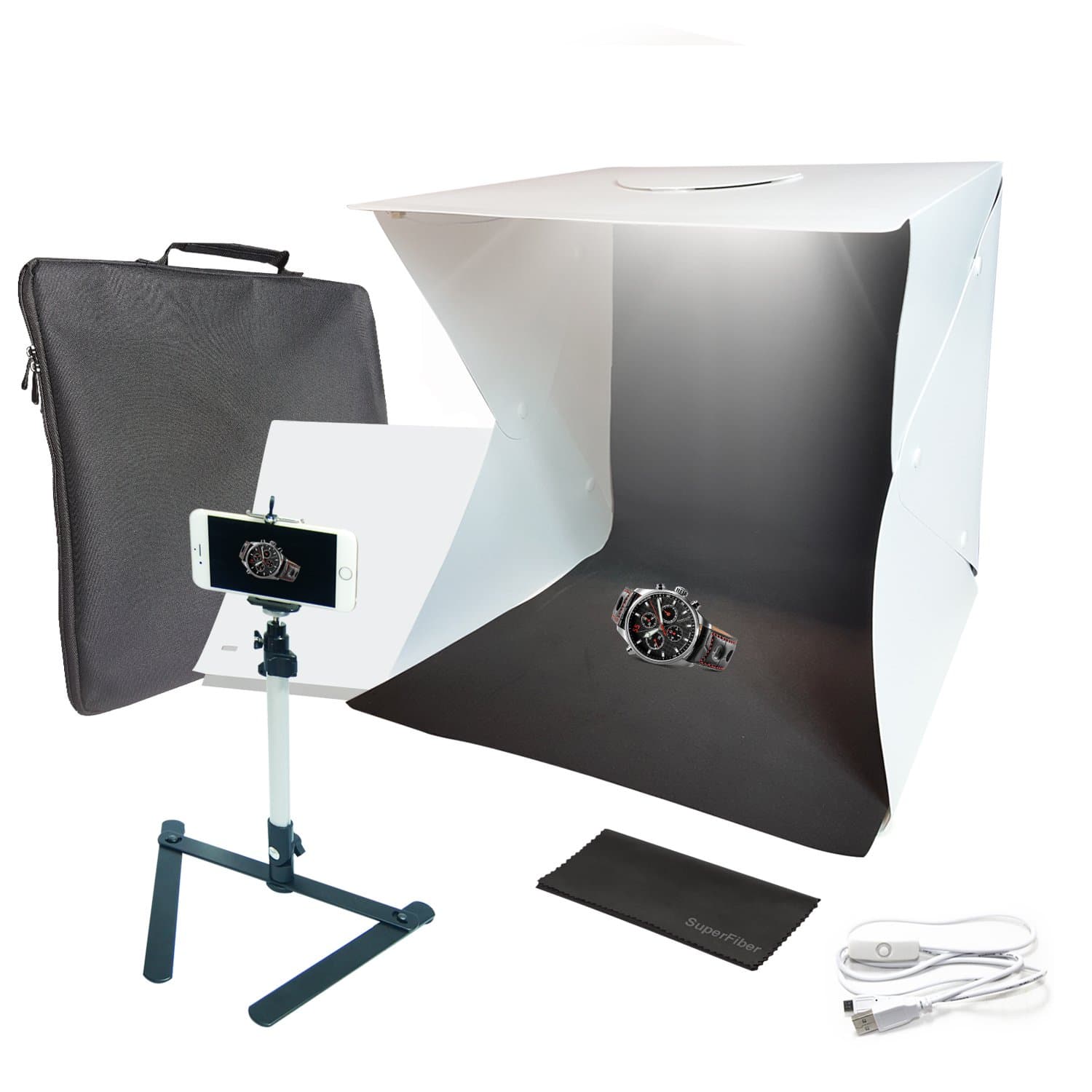 16-inch Cubic (40 x 40 x 40 cm) 70 LED Foldable & Portable Photo Studio Lighting Box Tent Kit with White/Black Background, USB Power Cable, Table Top Mini Stand, Cellphone Clip Holder, AGG2336