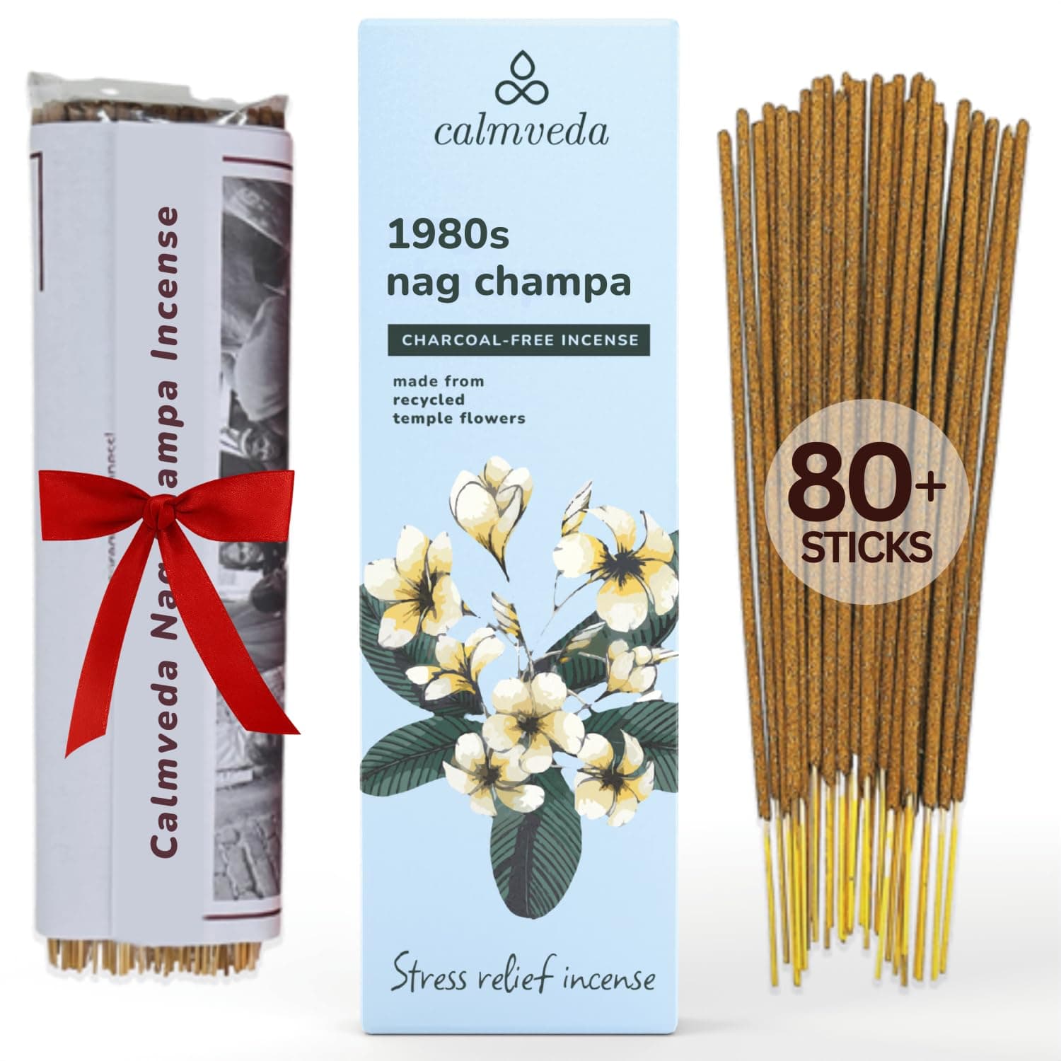 Calming Nag Champa Incense Sticks - Earthy, Floral Scent Blended with White Musk Incense (80 Sticks) | Charcoal Free, Made with Upcycled Flowers | Stick Incense for Calming (Inciensos Aromaticos)