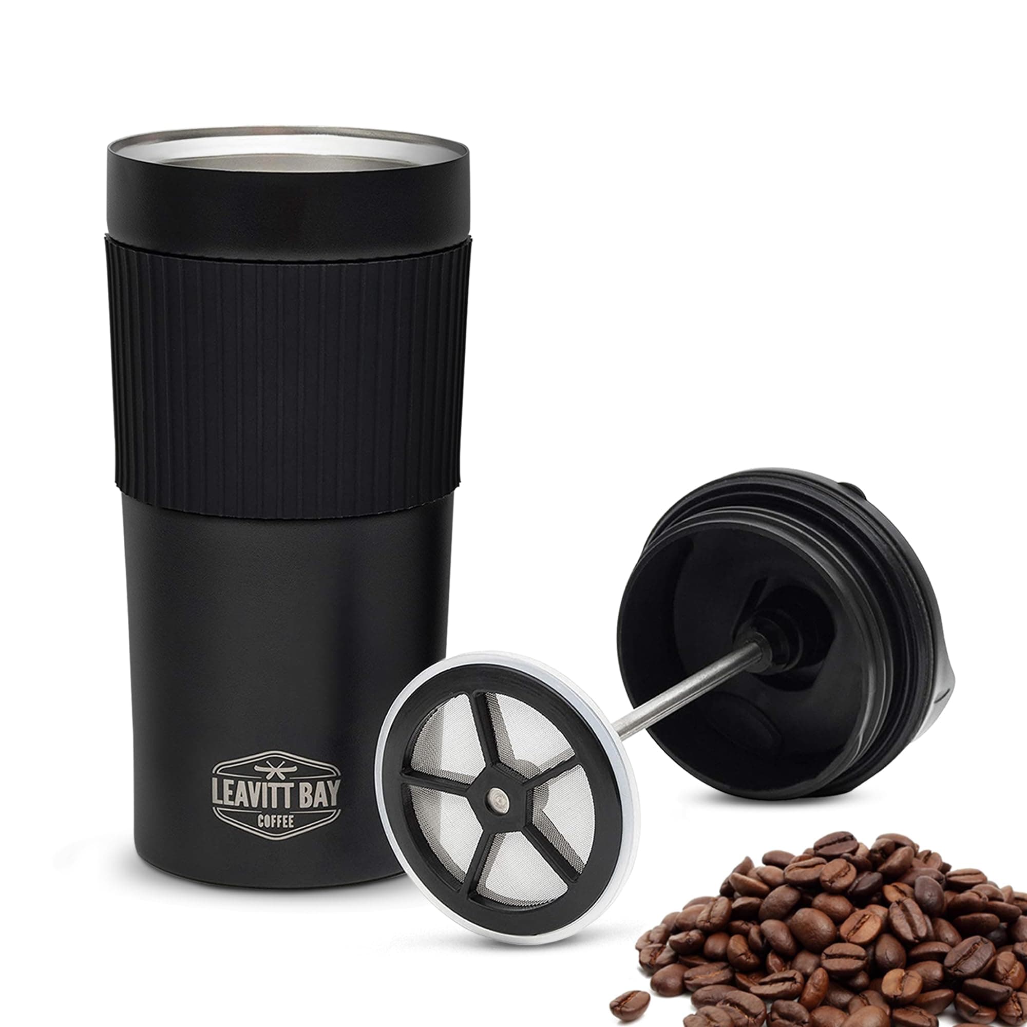 Leavitt Bay Portable French Press Travel Mug – 15 oz Double Wall Insulated Stainless Steel Coffee Maker – Black