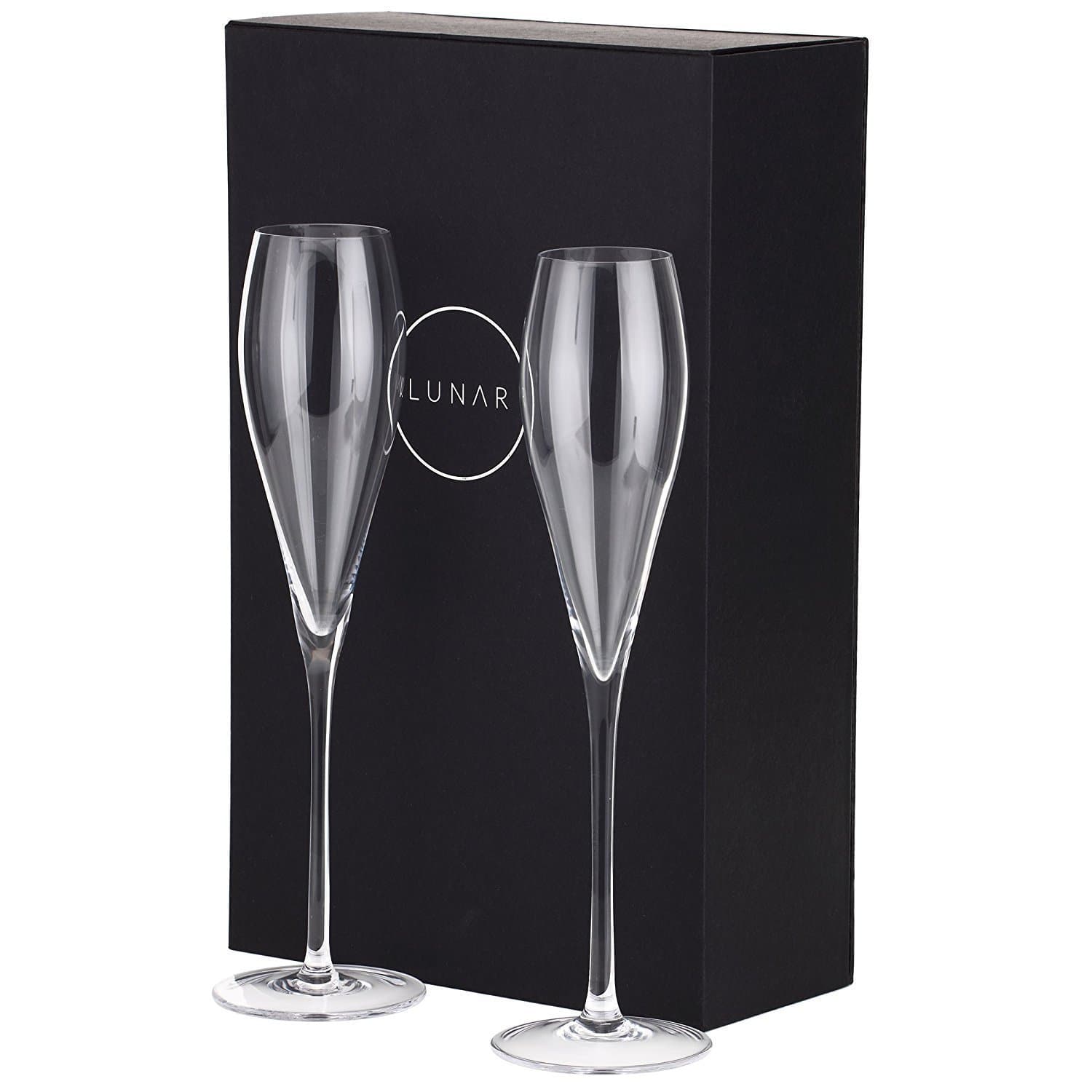 Crystal Champagne Flutes by Lunar Oceans. Set of 2 Lead Free Champagne Glasses Encased in Luxury Gift Box.