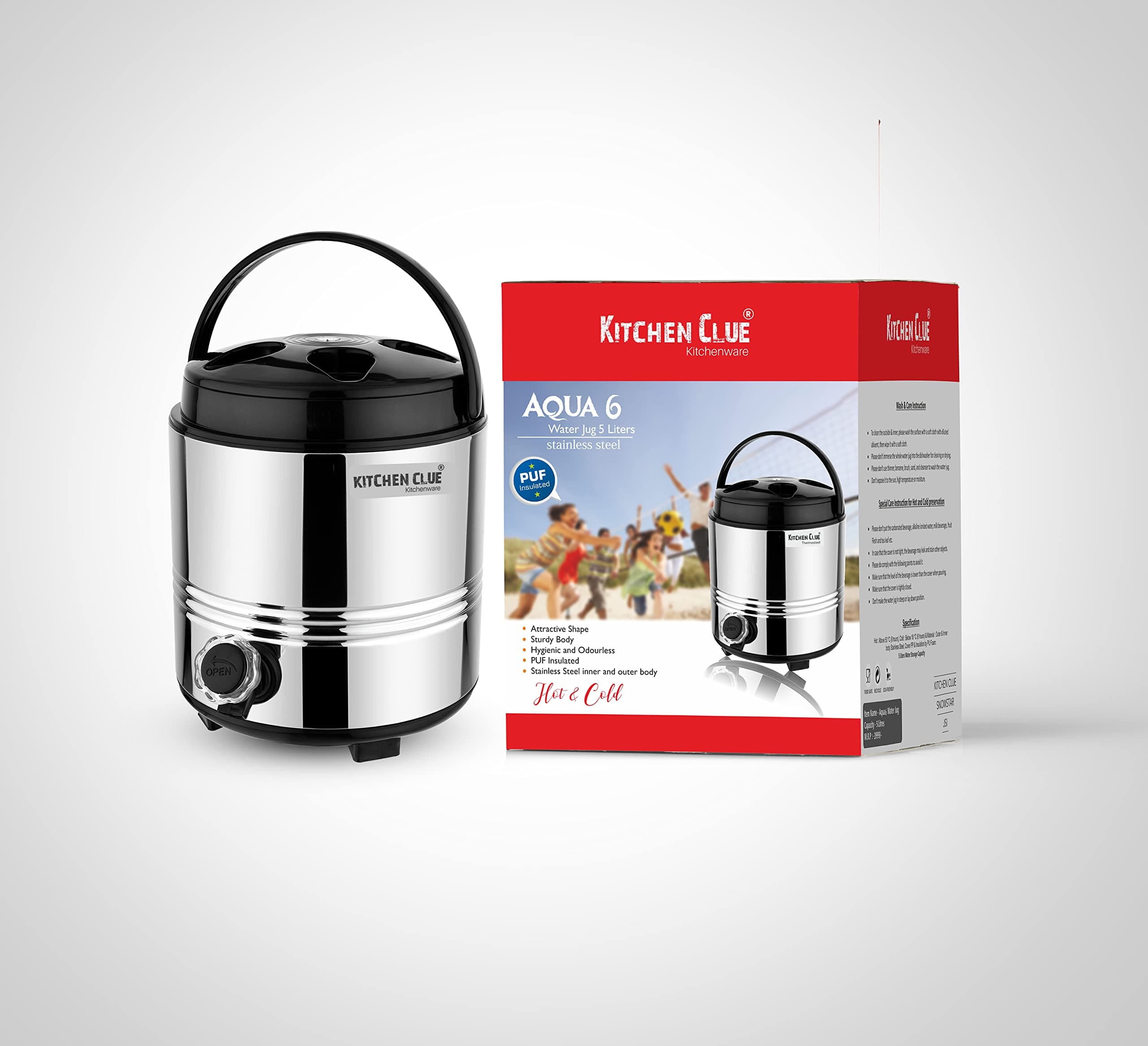 KITCHEN CLUE® Thermosteel Hot and Cold Water Jug with Easy to Carry Handle I 5 Liters of Capacity I Sturdy Body and Leak Proof Tap I Stainless Steel Insulated Water Dispenser for Office Home Kitchen