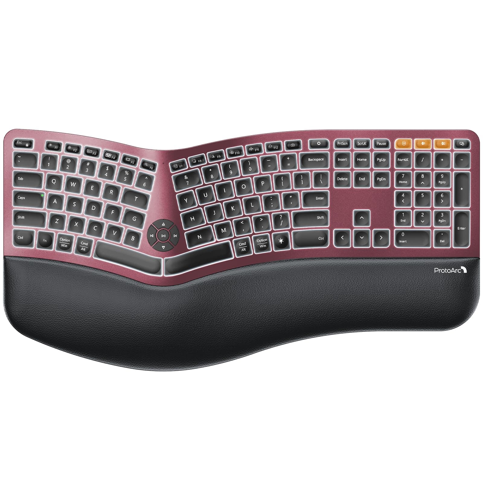 ProtoArc Backlit Wireless Ergonomic Keyboard, EK01 Plus Full Size Ergo Keyboard with Wrist Rest, Split Design, Rechargeable, Bluetooth and USB, Natural Typing for Windows/Mac/Android, Burgundy